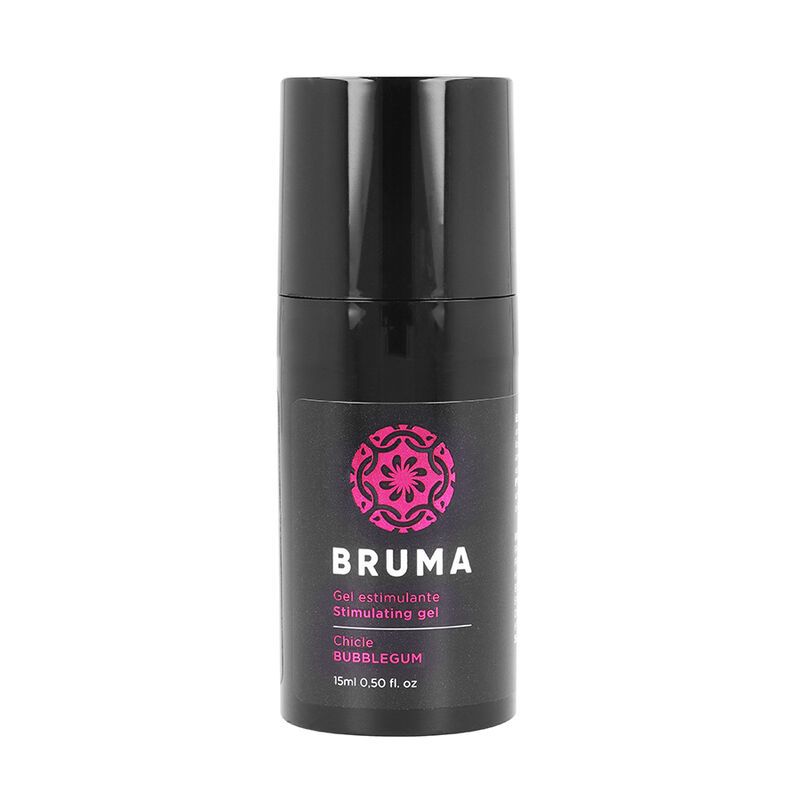 Schwarze Flasche mit rosa Logo und Text. Aufschrift: Bruma, Stimulationsgel, Bubblegum. 15ml Format.