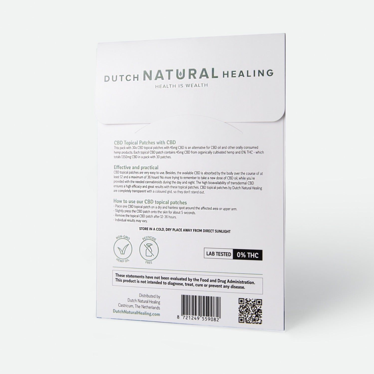 Rückseite der Verpackung von CBD-Pflastern mit Anwendungshinweisen und Produktinformationen.