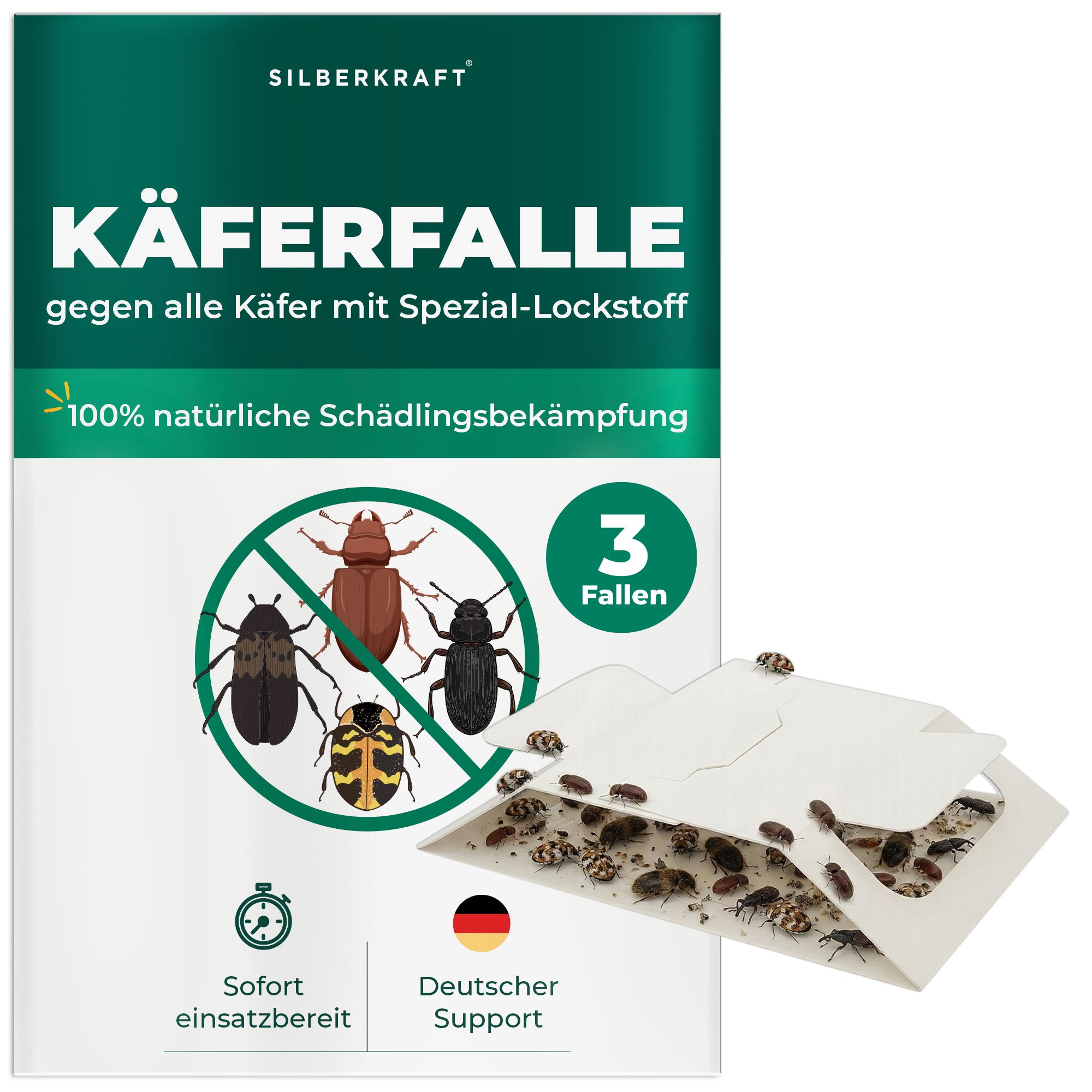 Verpackung der SILBERKRAFT Käferfalle für 3 Fallen, mit Abbildung verschiedener Käfer und Hinweis auf natürliche Schädlingsbekämpfung.