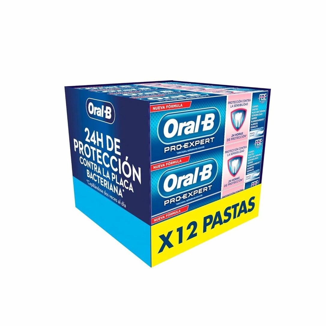 Zahnpasta-Multipack. Blaue und gelbe Verpackung mit Oral-B und Pro-Expert Logo. Text: 24h Schutz, X12 Pastas.