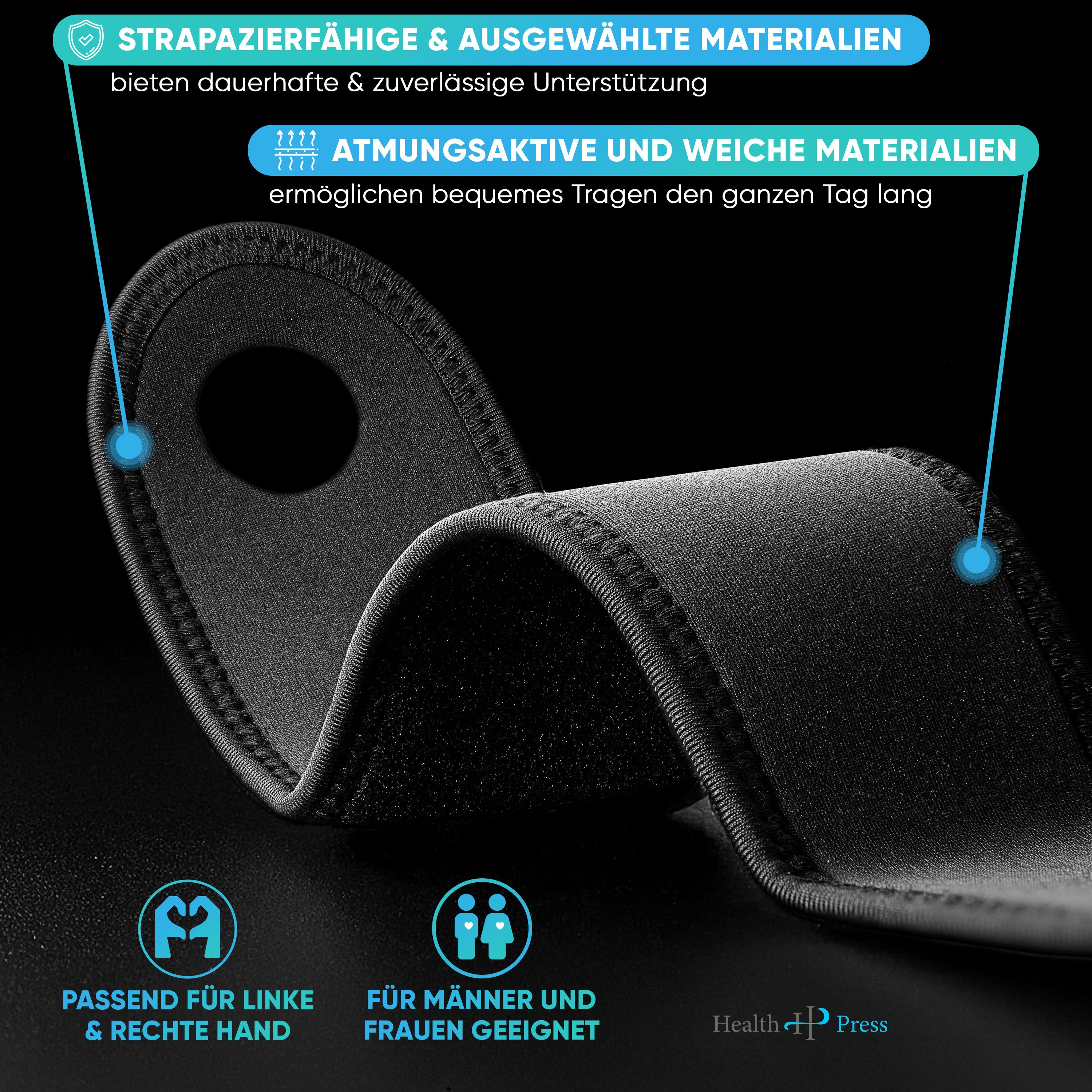 Nahaufnahme der Handgelenkbandage. Text: Strapazierfähige Materialien, atmungsaktive Materialien. Geeignet für links & rechts, für Männer & Frauen.