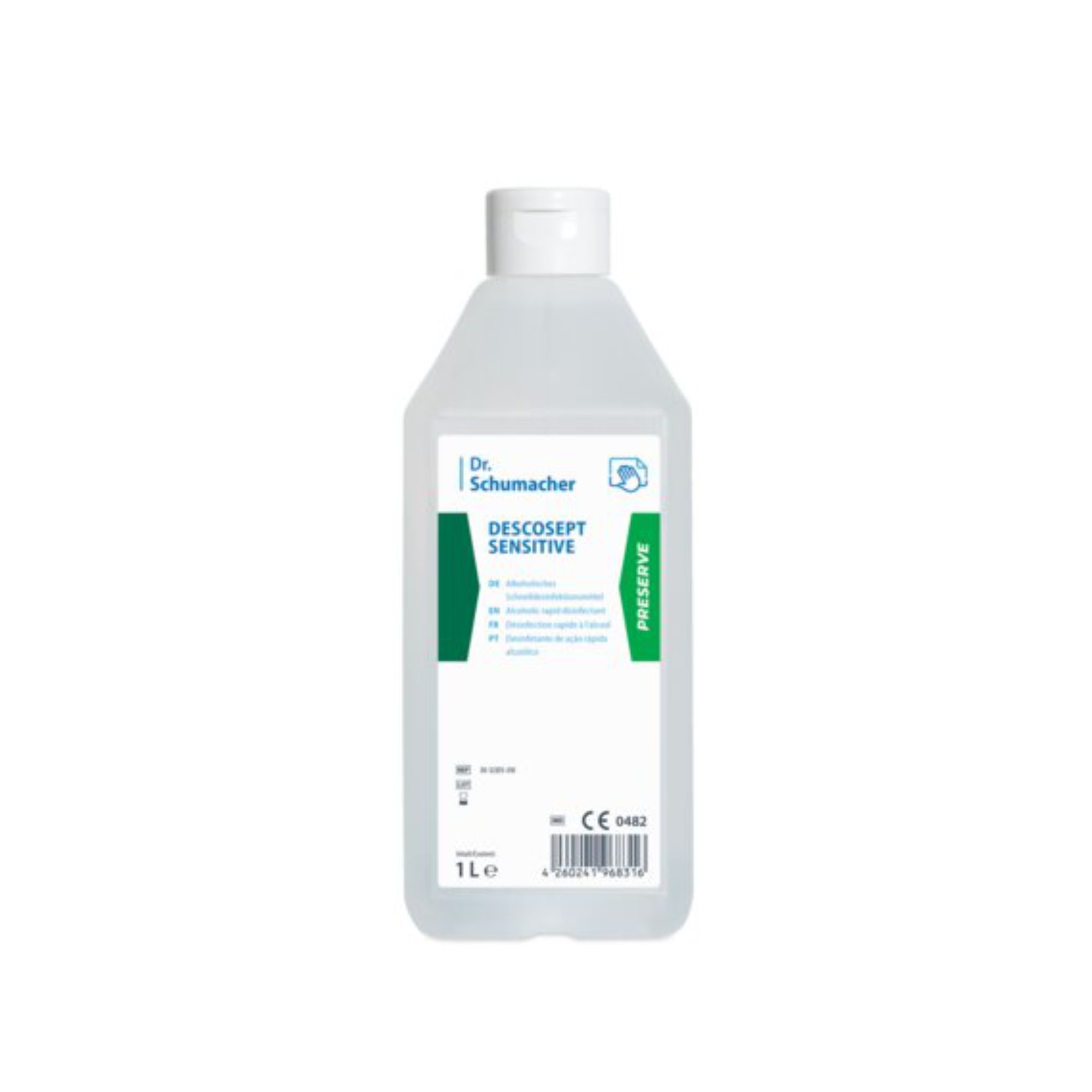 Flasche mit weißem Verschluss. Etikett mit Produktnamen, grünem Streifen und Text. 1L-Angabe.