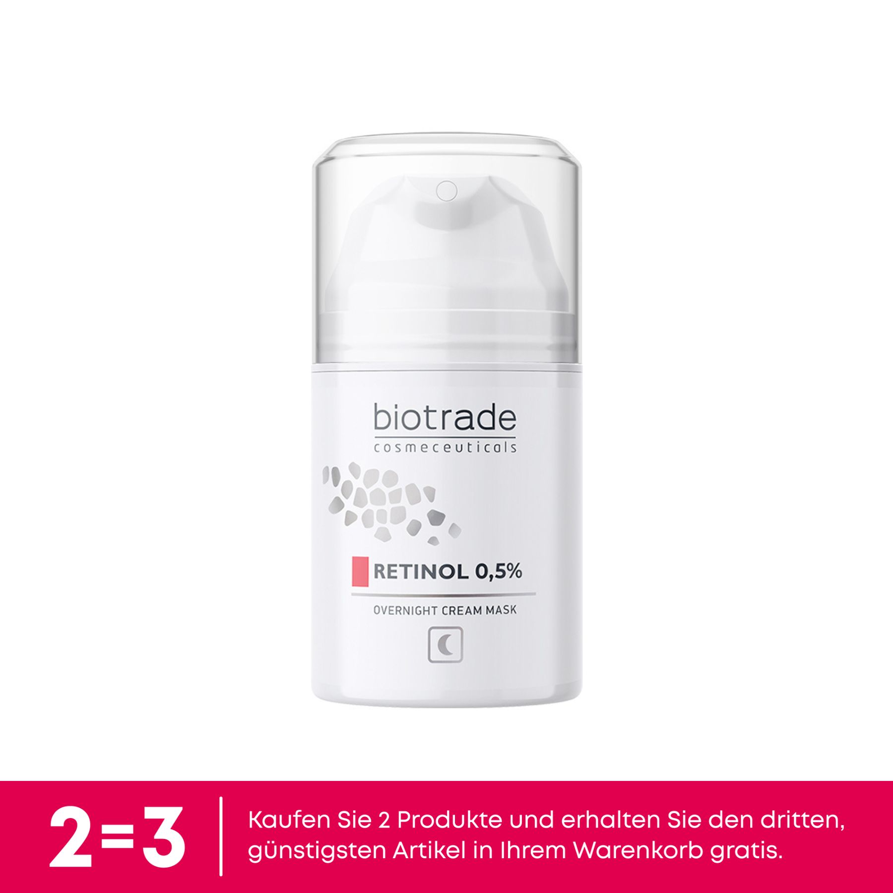 Weiße Flasche mit Aufschrift Biotrade, Retinol 0,5%. Nachtcreme-Gesichtsmaske. Text: 2=3, Kaufe 2, erhalte 3.