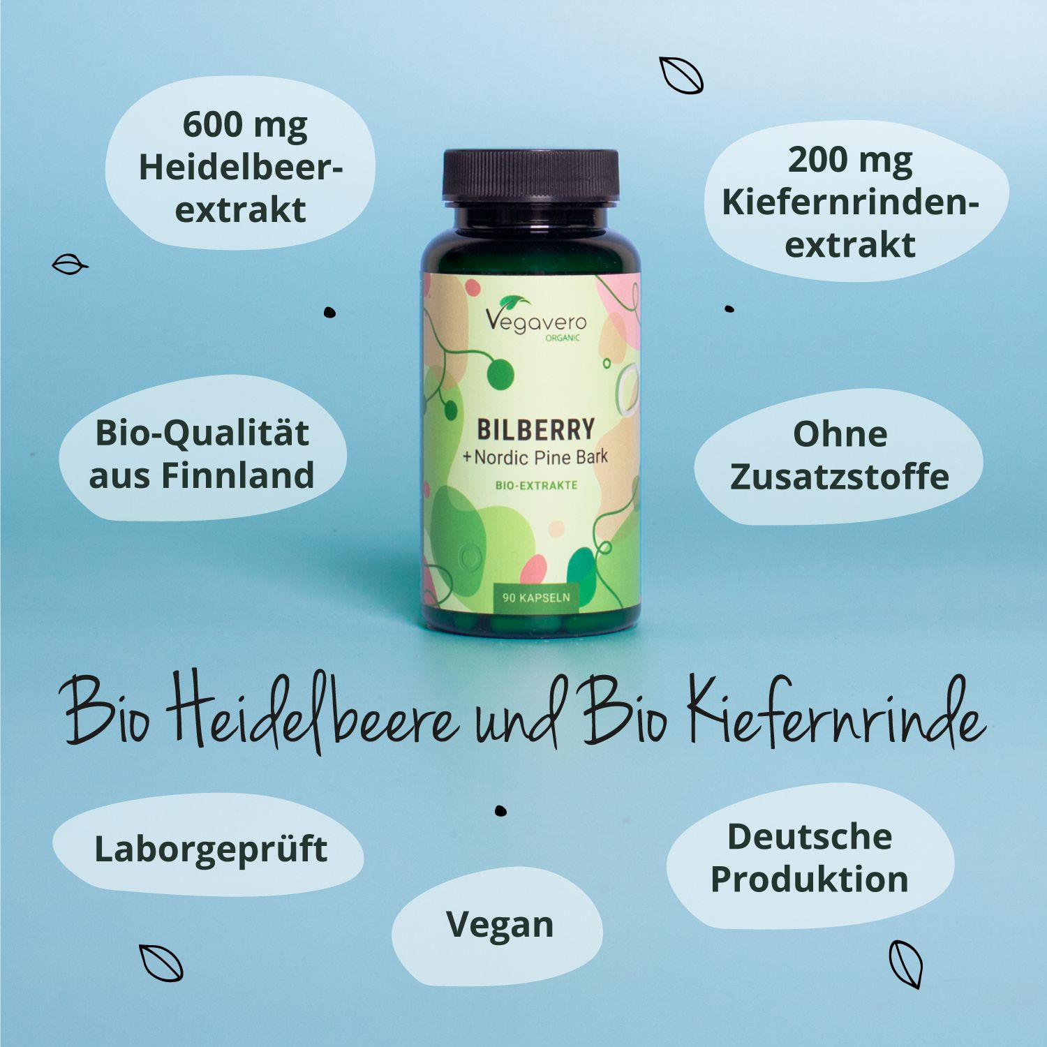 Grüne Flasche mit schwarzen Deckel. Informationen zu Inhaltsstoffen und Qualität. Blaubeere und Kiefernrinde.