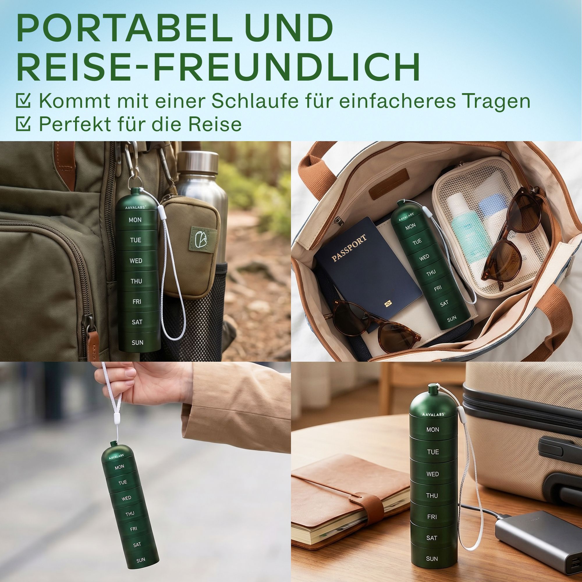 Aavalabs Tablettenbox Wochenplaner | Plastikfrei & BPA-frei | Aluminium Wasserdicht mit Spin-Lock
