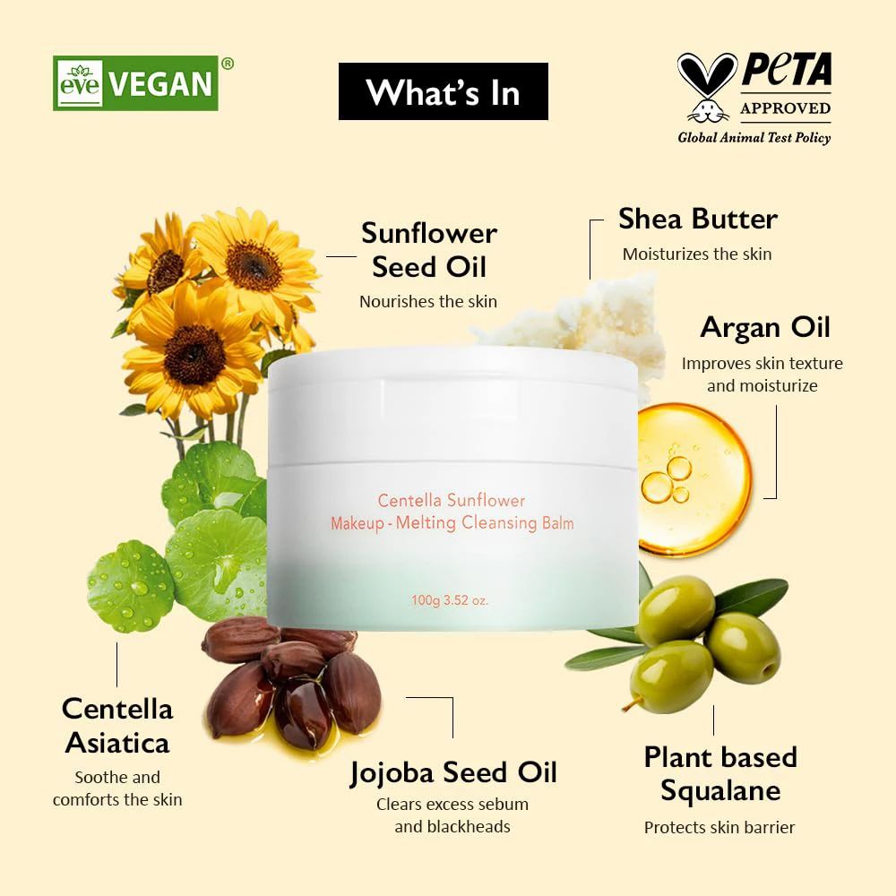 Ein weißer Tiegel mit Centella Sunflower Make-up-Schmelz-Reinigungsbalsam, 100g. Umgeben von Sonnenblumen, Centella Asiatica, Jojobaöl, Oliven, Shea- und Arganöl.