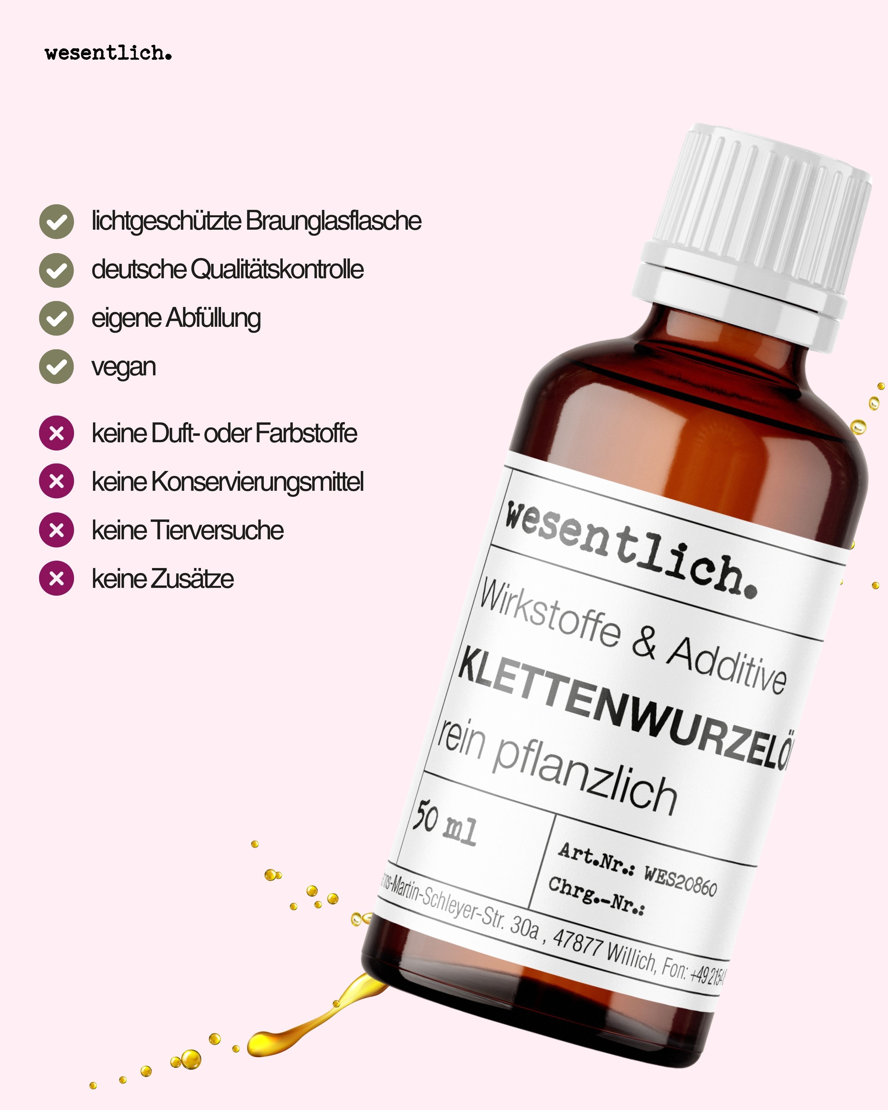 Flasche Klettenwurzelöl, vegan, ohne Zusatzstoffe, in lichtgeschützter Braunglasflasche.