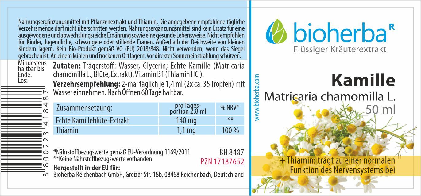 Etikett mit Produktinformationen und Logo. Enthält Text: Kamille, Matricaria chamomilla L. und 50 ml.