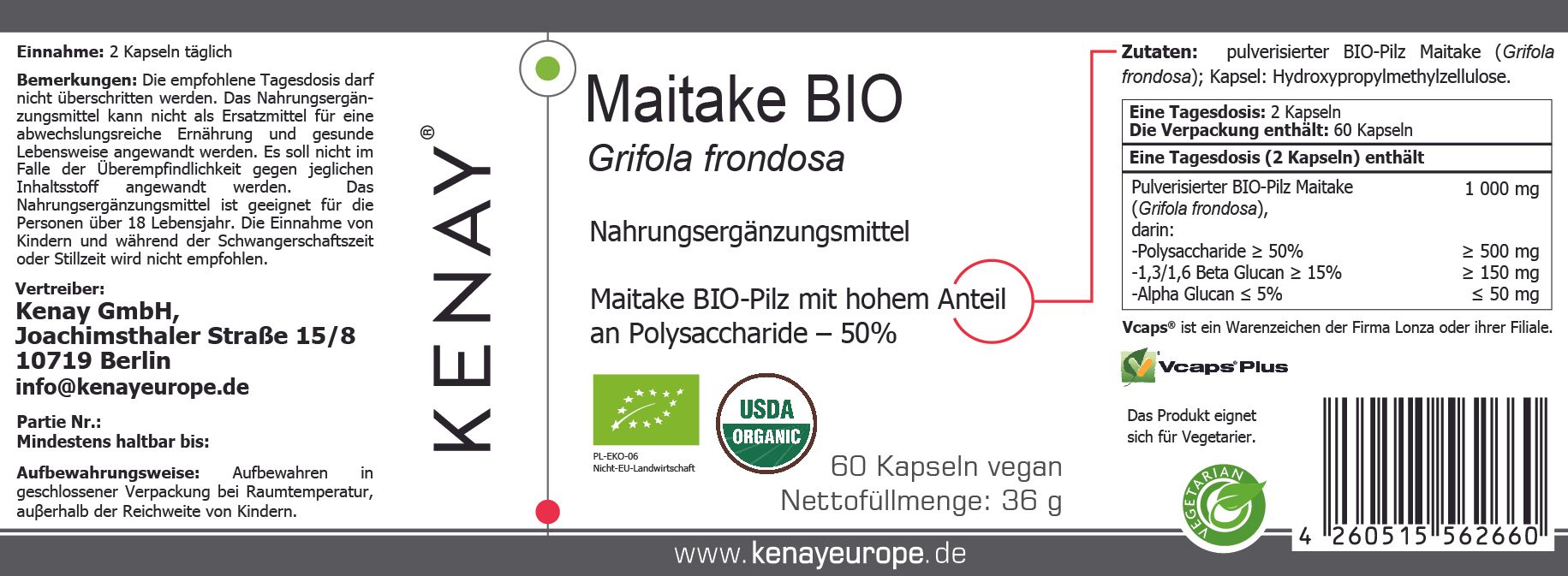 Weißes Etikett mit Text. Aufschrift: Maitake BIO, Grifola frondosa, KENAY. Mit Bio-Siegel und USDA Organic Siegel. 60 Kapseln.