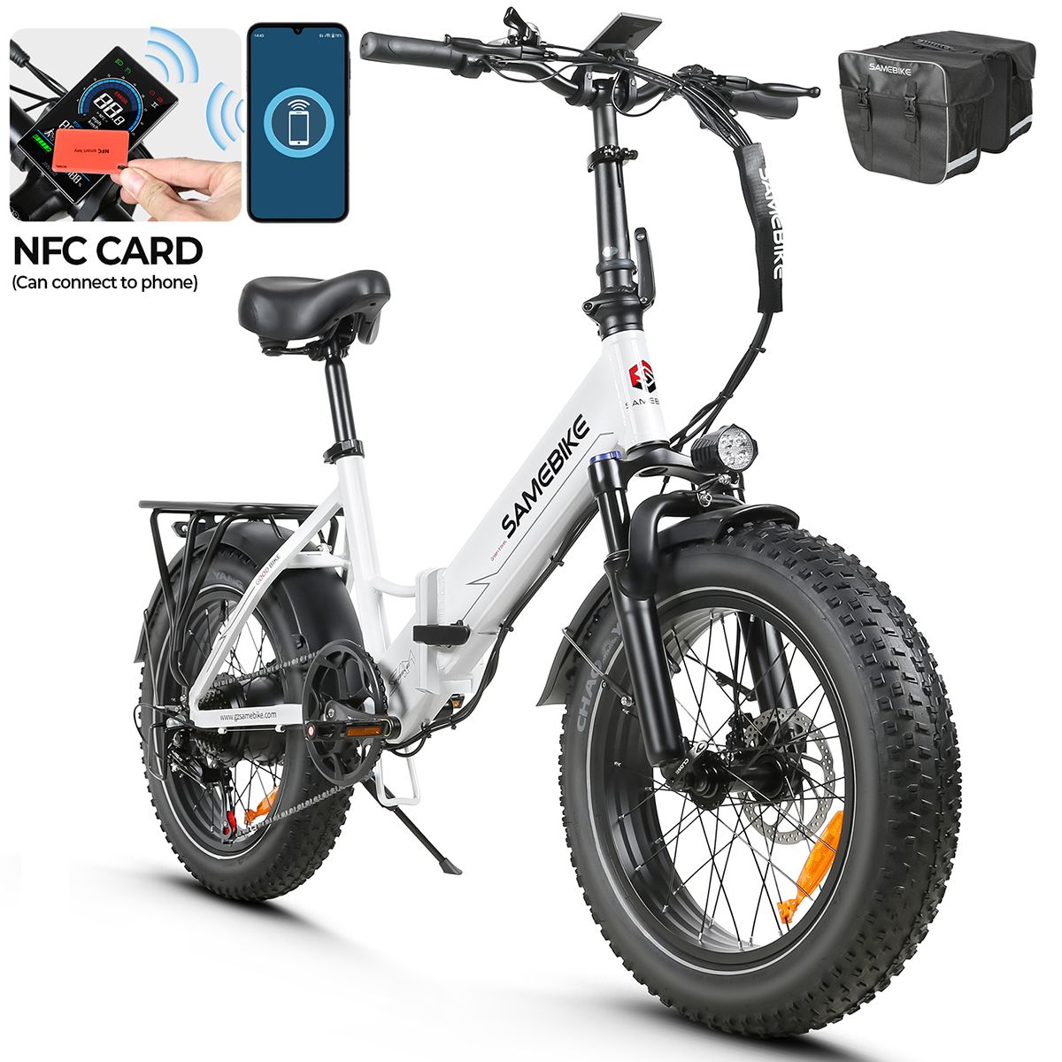Faltbares Elektrofahrrad, weiß, mit Zubehör. NFC-Karte und Tasche.