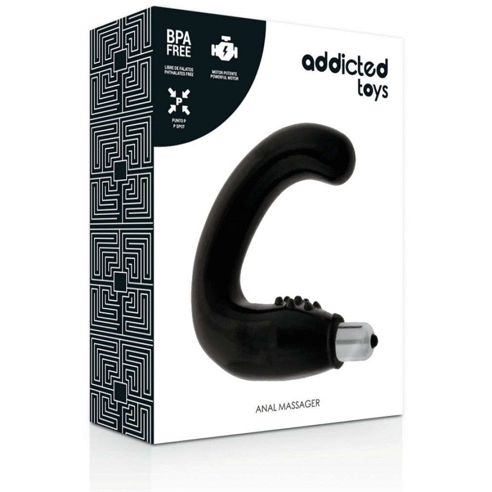 Verpackung mit schwarzem Analvibrator. Aufschrift: Addicted Toys, BPA-frei, Anal Massager.