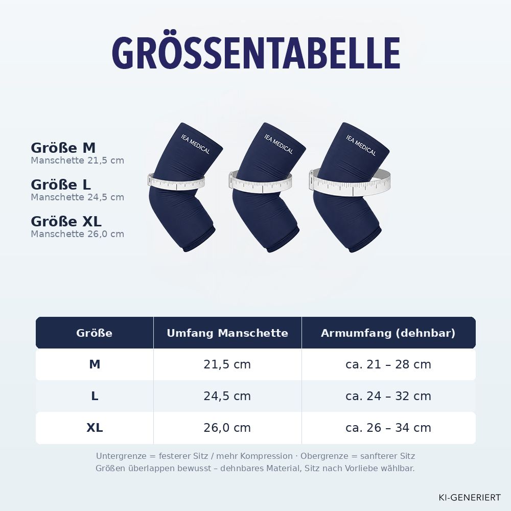 Größentabelle für IEA Medical Kühlmanschetten in den Größen M, L und XL.