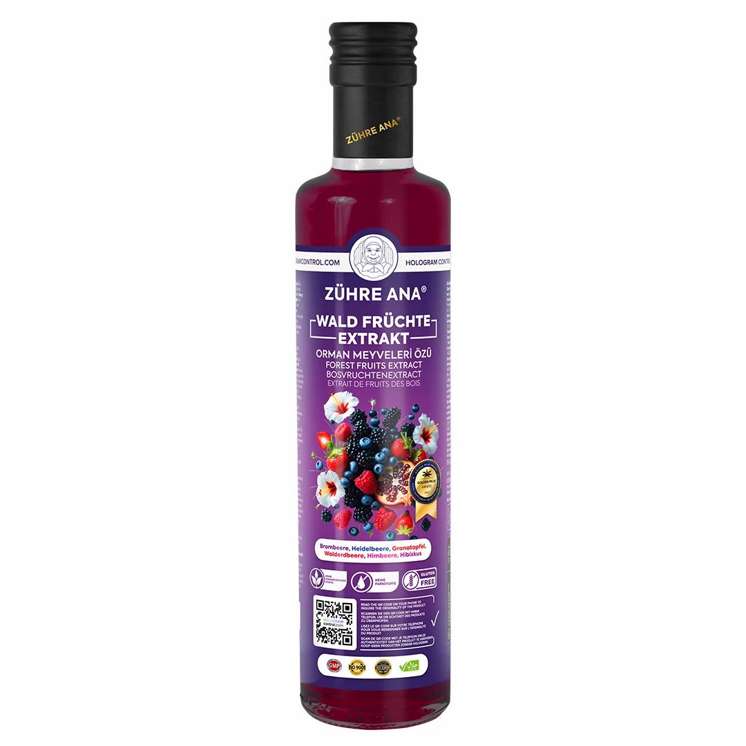 Flasche mit Waldfrüchte-Extrakt, Zühre Ana Marke, mit Abbildung von Beeren und Blumen.