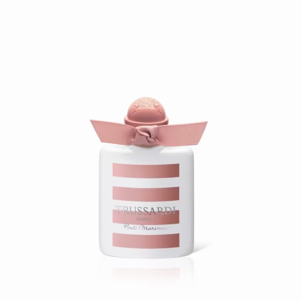 Flakon mit rosa Streifen, Schleife und Verschluss. Schriftzug: Trussardi Donna Pink Marina.