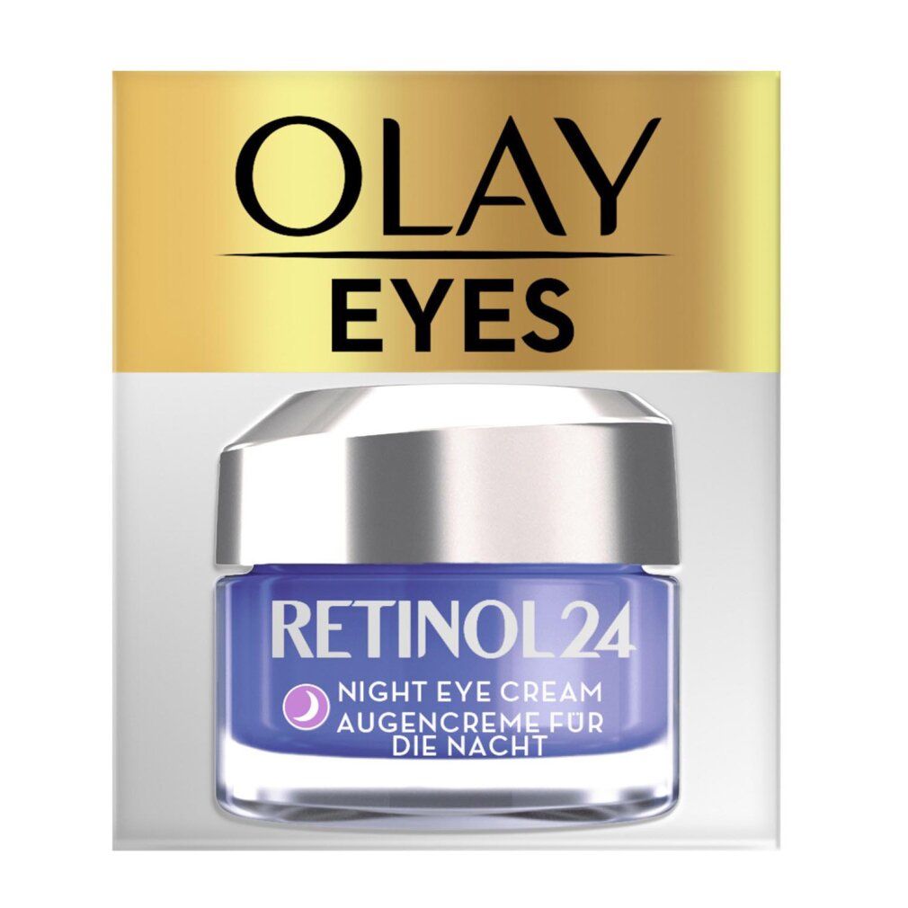 Olay Eyes Retinol 24 Nacht Augencreme. Blaue Creme in einem Glasbehälter mit silbernem Deckel. Verpackung mit goldenem Olay-Logo.