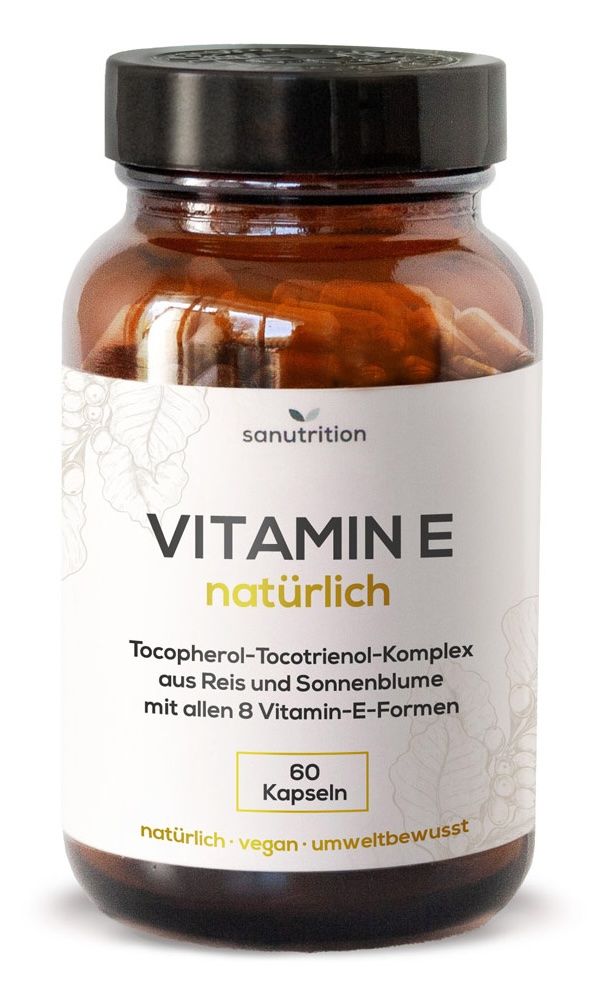 Sanutrition Vitamin E natürlich Kapseln in Braunglasflasche mit weißem Etikett und schwarzem Deckel.