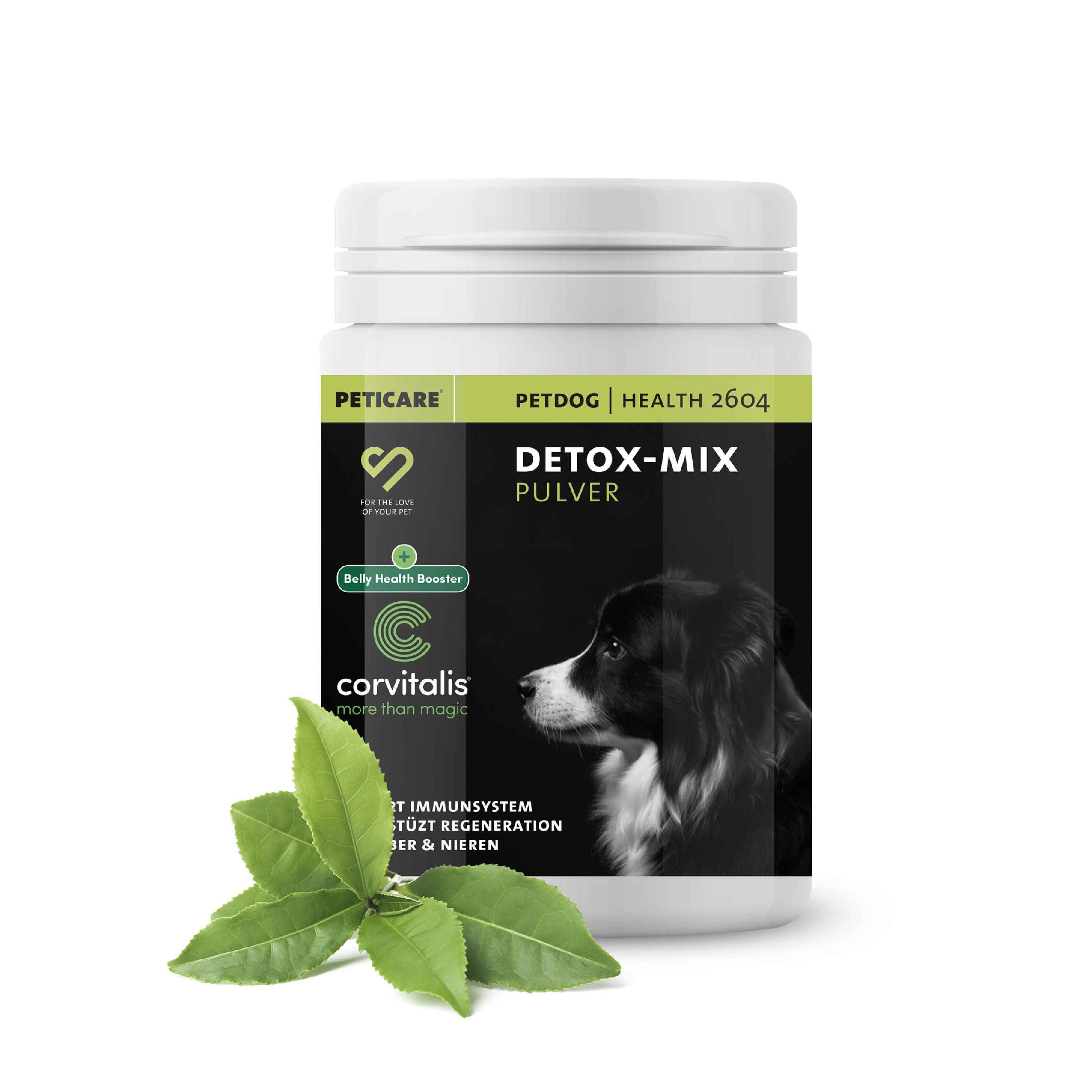 Peticare Detox-Mix Pulver in weißem Behälter mit Hundemotiv und grünen Akzenten.