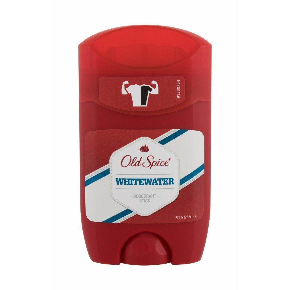 Roter Deostift mit weißem Etikett. Aufschrift: Old Spice Whitewater. Mit blau-weißen Streifen und einem Muskelmann-Symbol.