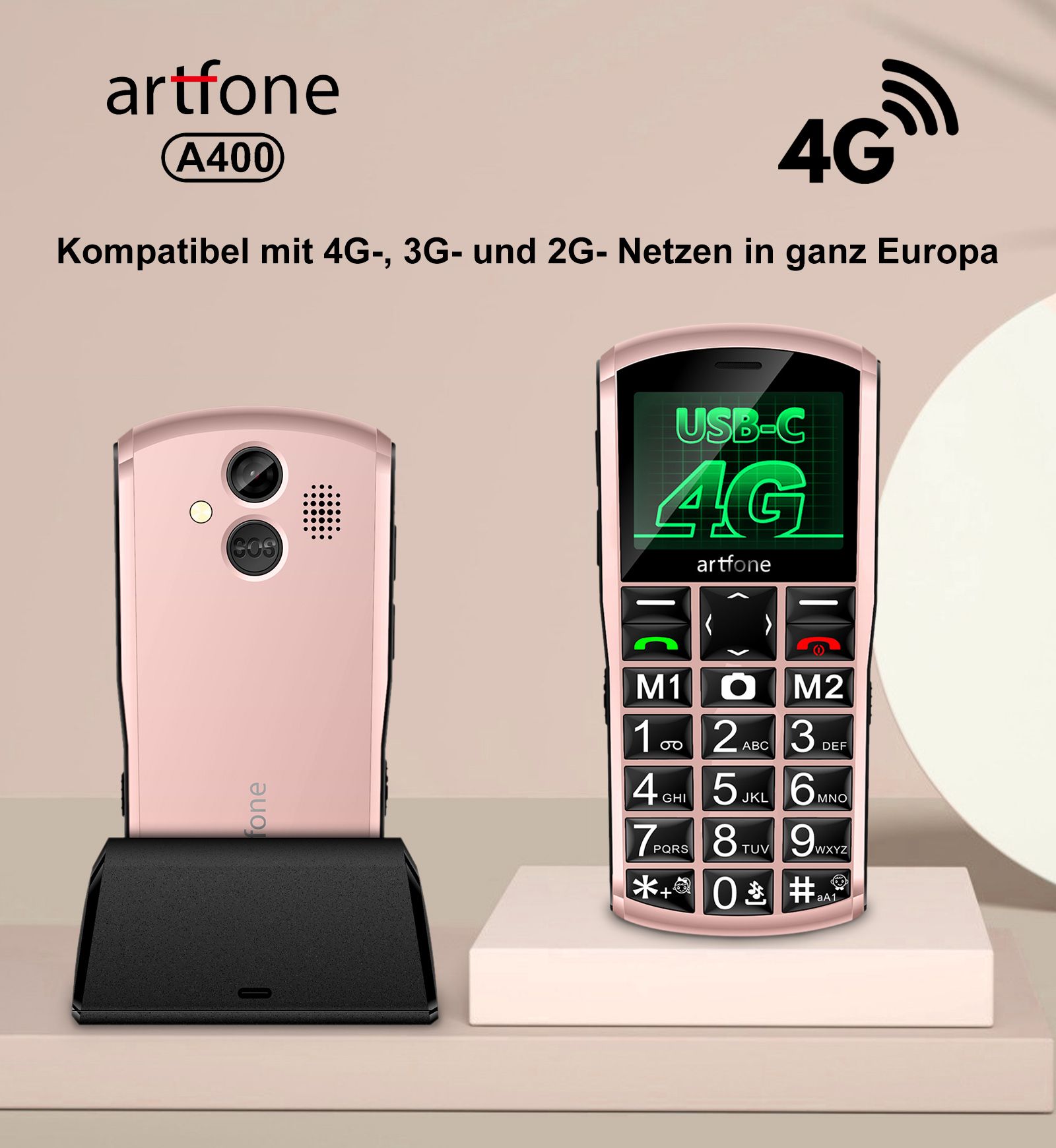 artfone A400 4G Seniorenhandy | Dual-SIM, SOS-Taste Ladestation, Kamera 2,4-Zoll-Display | Roségold