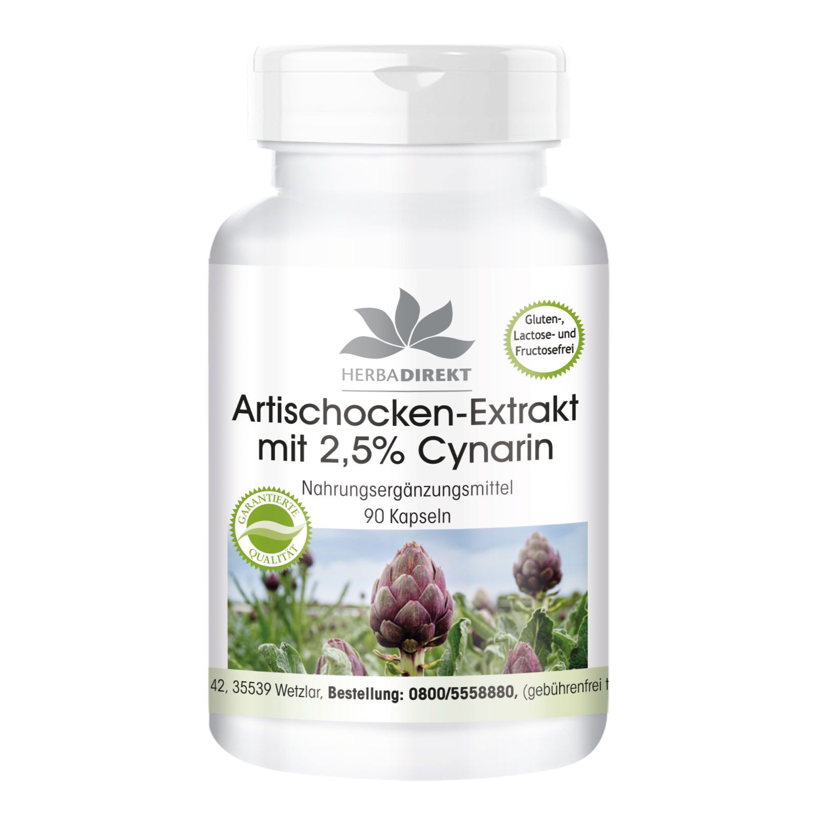 Weißes Pillenglas mit Etikett. Aufschrift: Artischocken-Extrakt mit 2,5% Cynarin. 90 Kapseln. HerbaDirekt Logo. Qualitätsiegel.