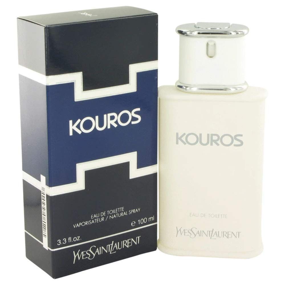 Yves Saint Laurent Kouros Eau de Toilette Flakon und Verpackung. Weißer Flakon, schwarze Verpackung. Logo und Text.