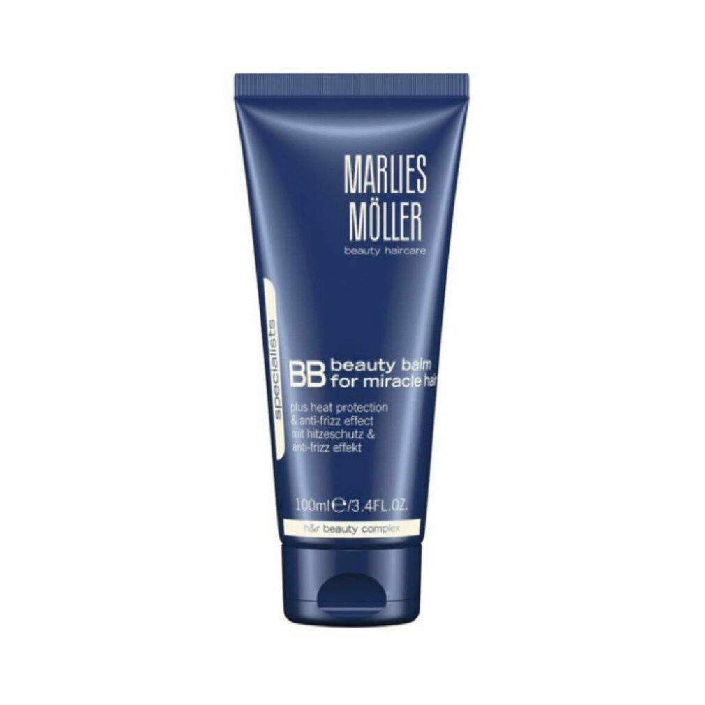 Blaue Tube mit Marlies Möller Beauty Balm. Text: BB beauty balm for miracle hair, plus Hitzeschutz & Anti-Frizz Effekt.