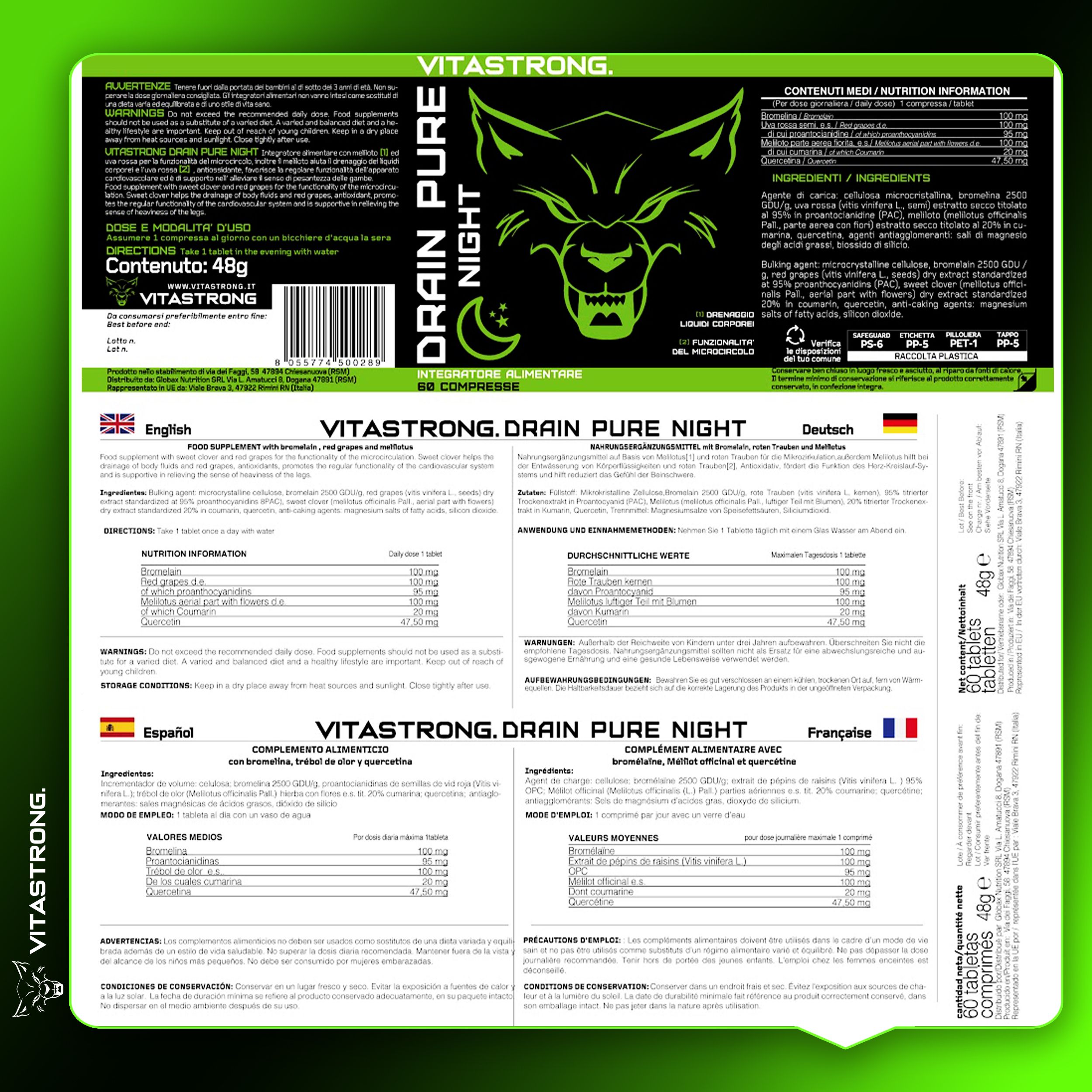 Etikett mit Informationen zu Vitastrong Drain Pure Night. Mehrsprachige Informationen, Inhaltsstoffe, Dosierung.