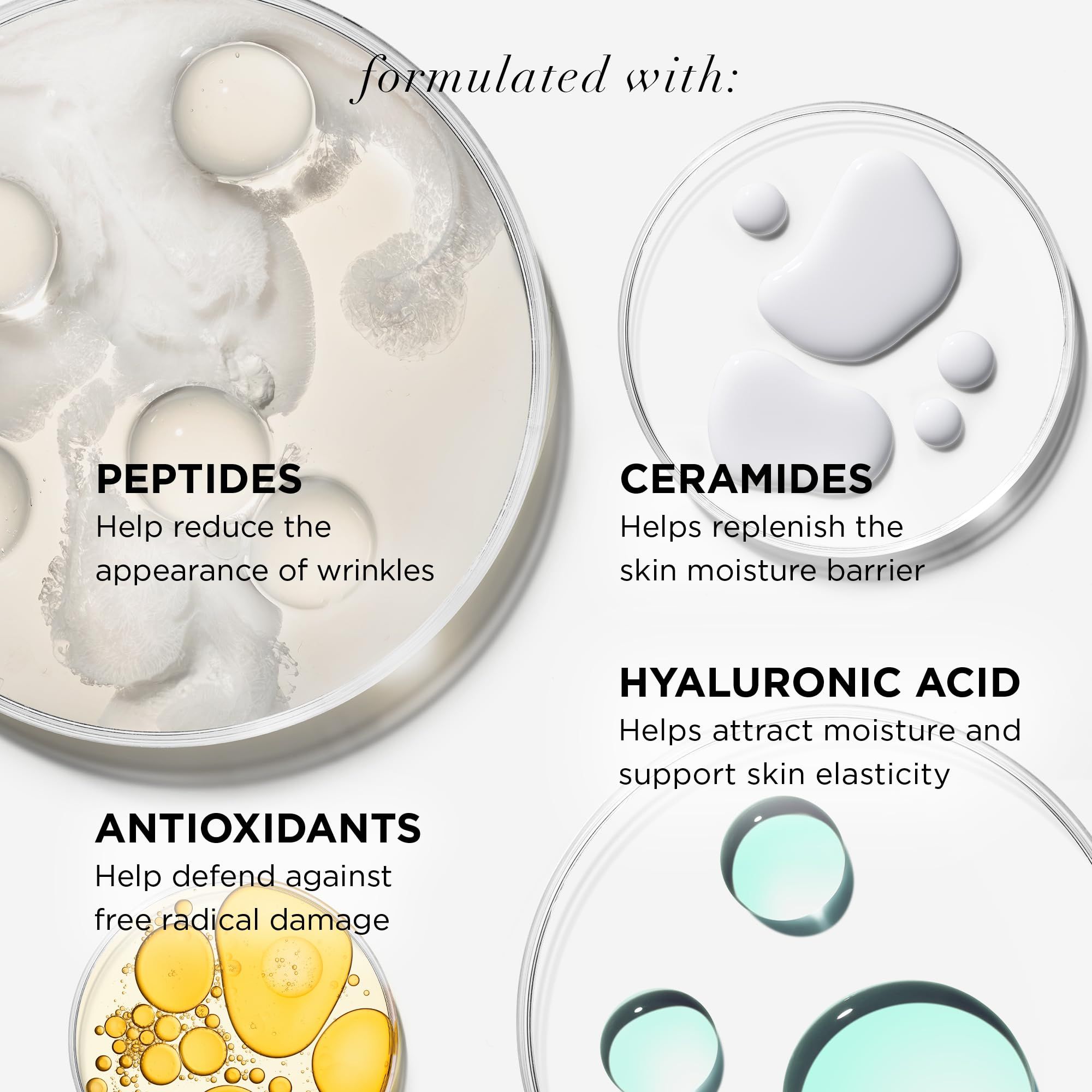 Nahaufnahme von Petrischalen mit Inhaltsstoffen. Text: Peptide, Ceramide, Hyaluronsäure, Antioxidantien.