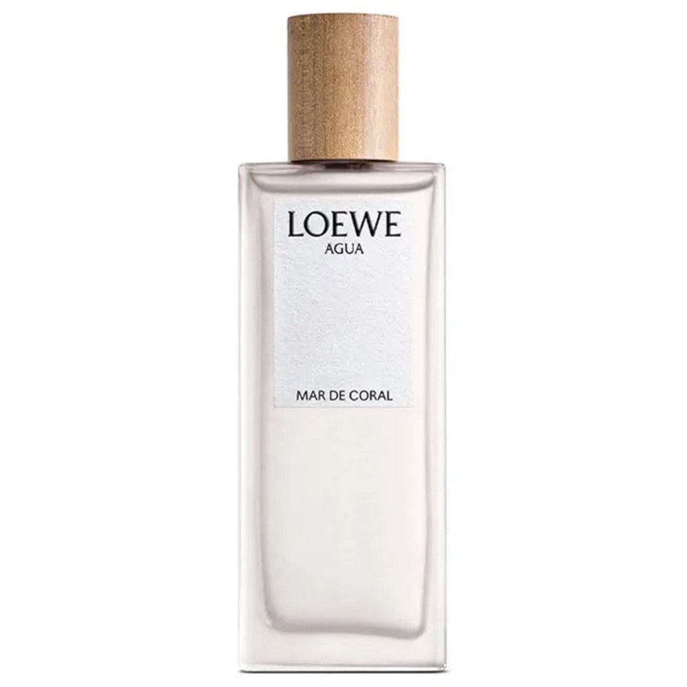 Loewe Agua Mar de Coral Eau de Toilette Flakon. Rechteckige Form, weißes Etikett mit Schriftzug. Holzfarbener Verschluss.