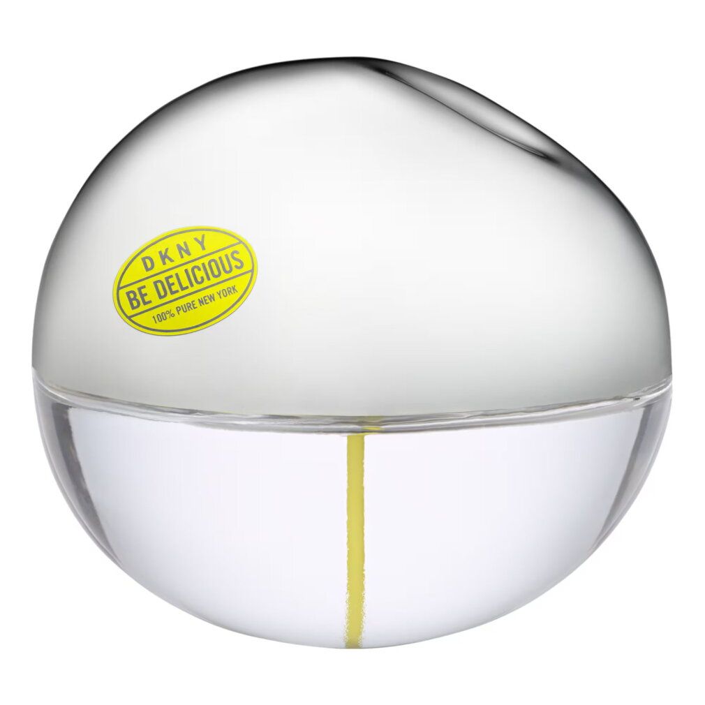 DKNY Be Delicious Eau de Toilette Spray. Transparenter, runder Glasflakon mit silbernem Akzent und gelbem Stiel.
