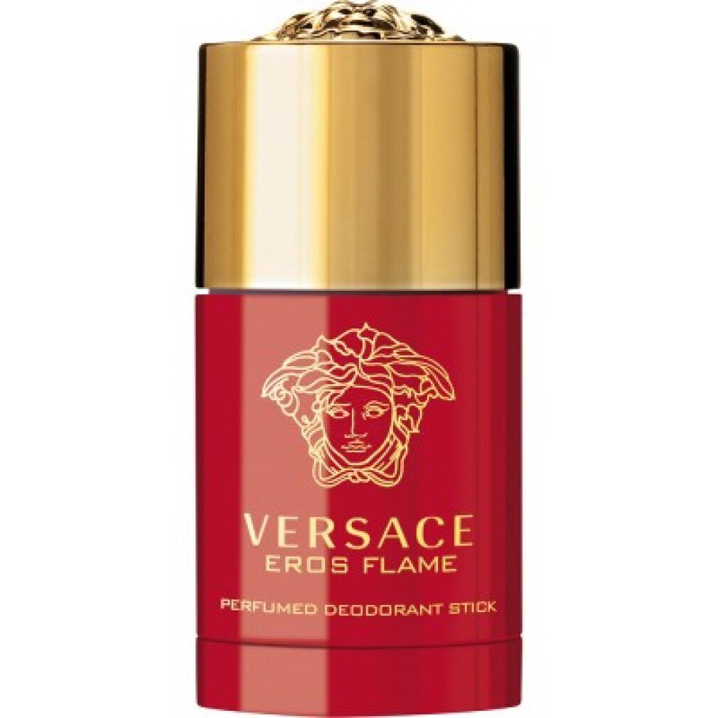 Versace Eros Flame parfümierter Deostick in roter Hülse mit goldenem Deckel und Medusa-Logo.