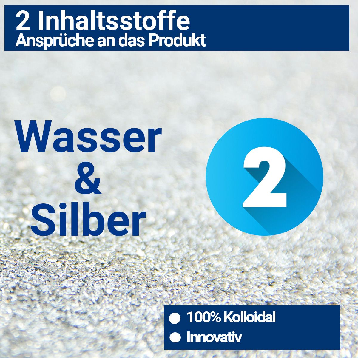 Text: Wasser & Silber. 100% Kolloidal. Innovativ. Hintergrund: silberfarbenes, körniges Material.