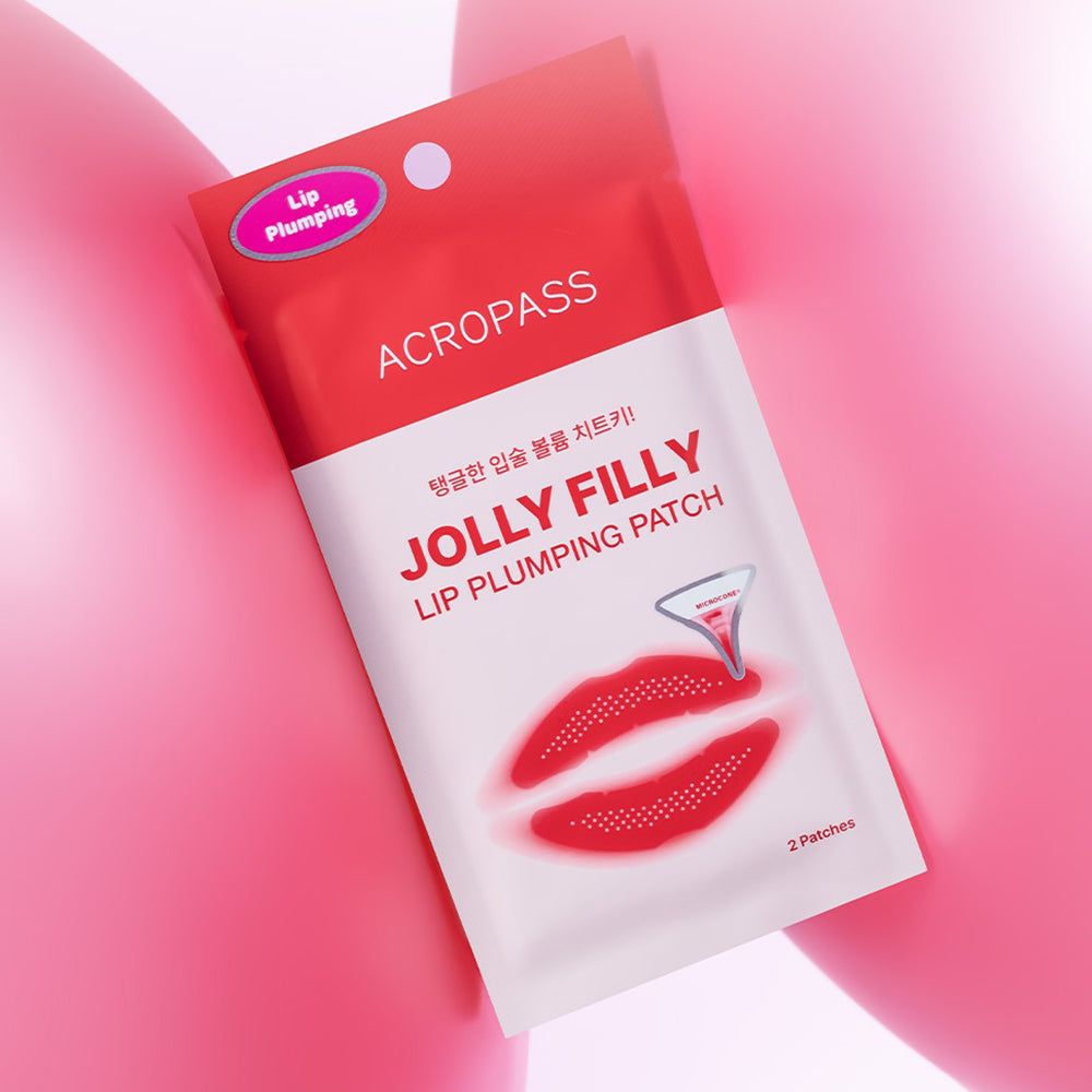 Verpackung mit ACROPASS Jolly Filly Lippen-Plumping-Patch. Rote und weiße Verpackung mit Produktnamen und Abbildung von Lippen. 2 Patches.