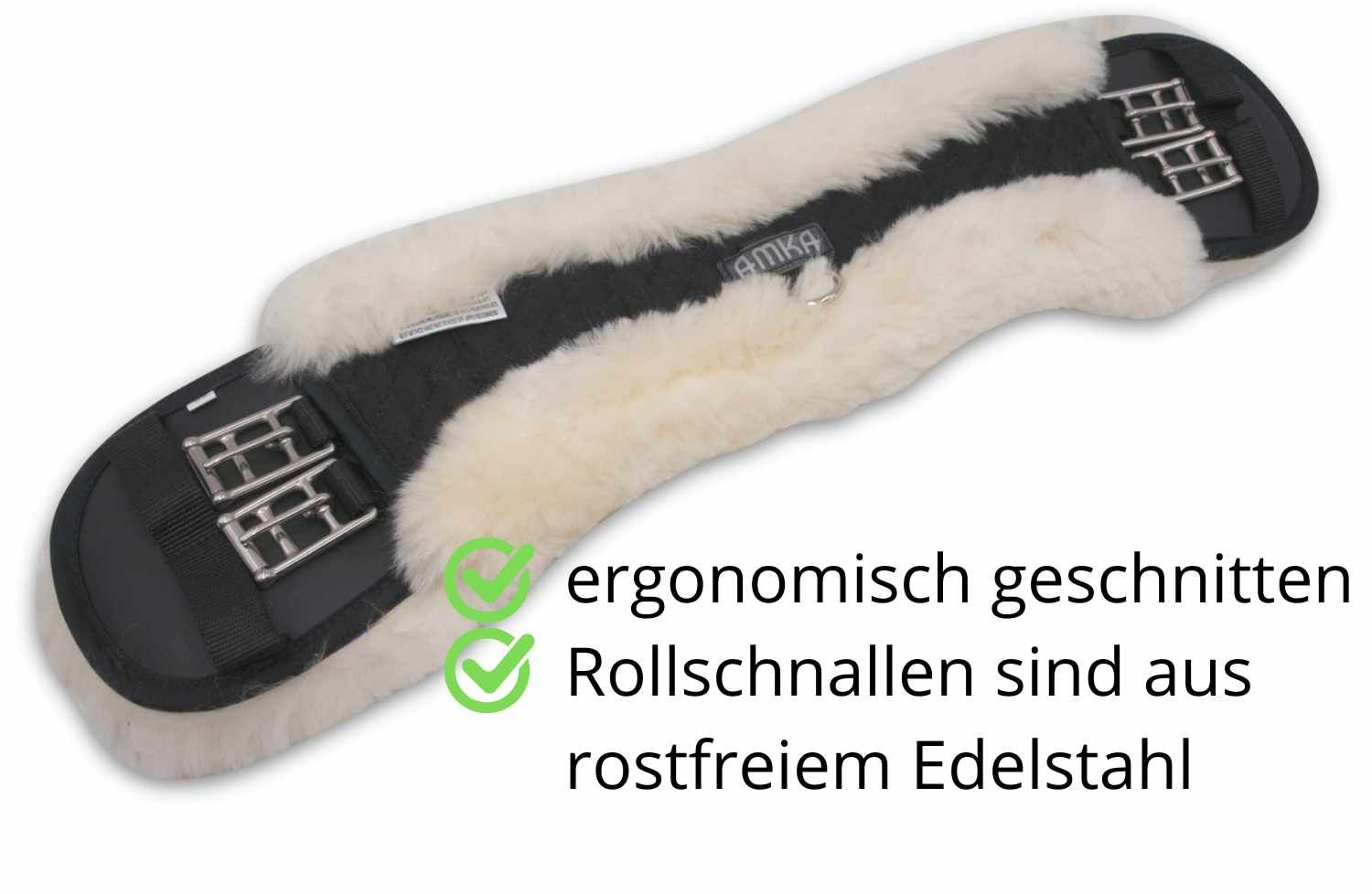 Kurzgurt mit Lammfell. Schwarzes Mittelteil, silberne Schnallen. Text: ergonomisch geschnitten, Rollenschnallen aus Edelstahl.
