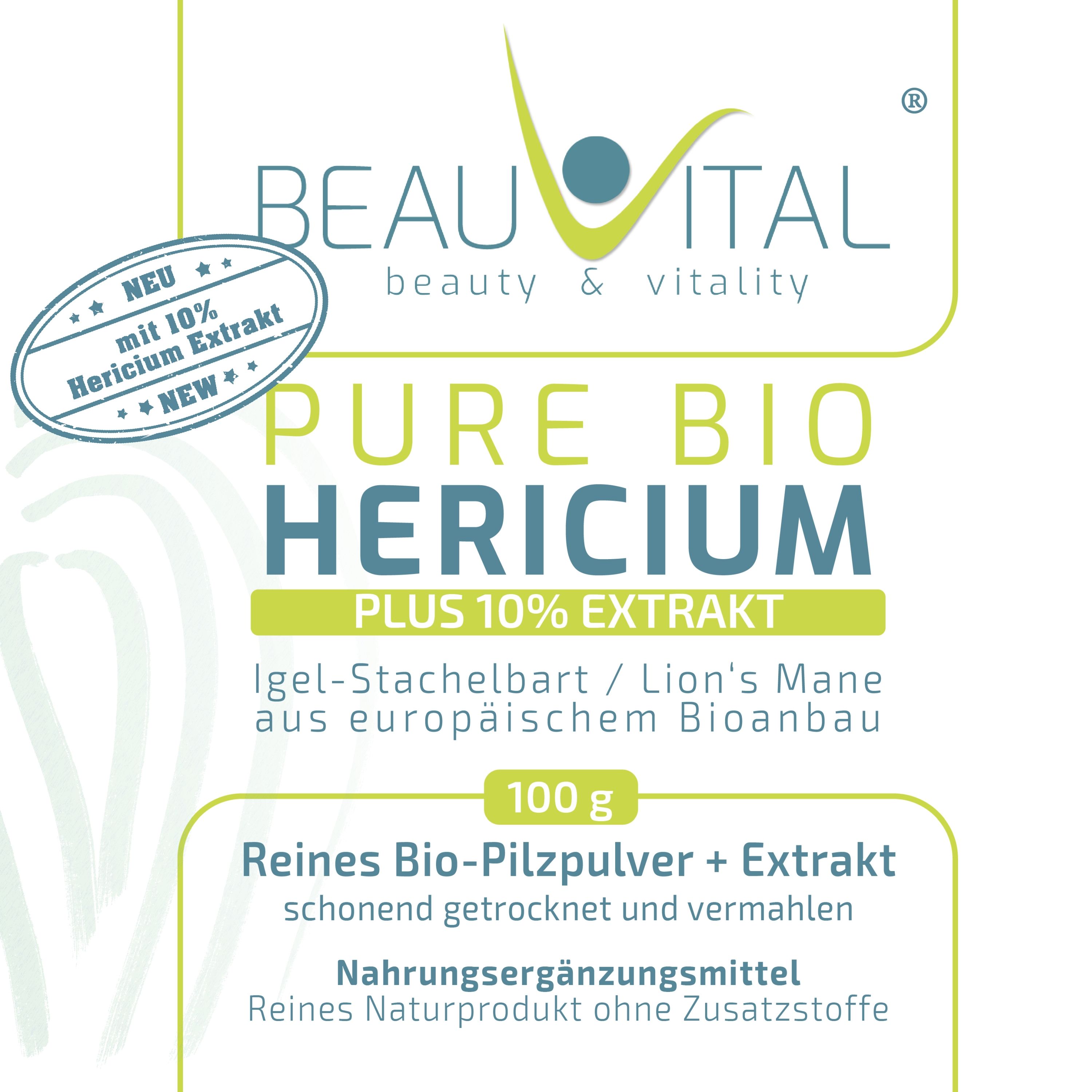 Nahaufnahme des BEAUVITAL Pure Bio Hericium Etiketts mit 10% Extrakt und EU Bio-Siegel.