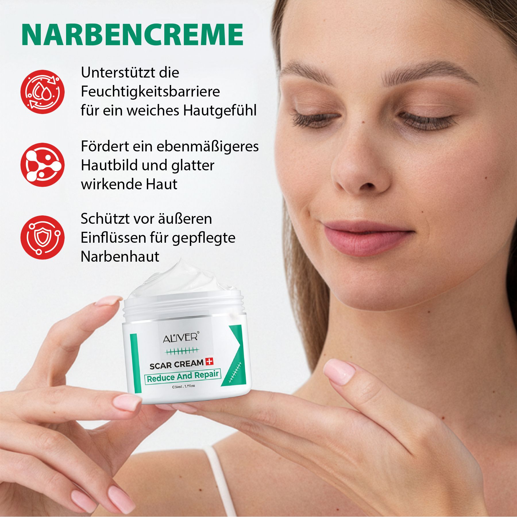 Creme-Tiegel mit Aufschrift ALIVER SCAR CREAM. Frau hält Tiegel. Text: Narbencreme, unterstützt die Haut.