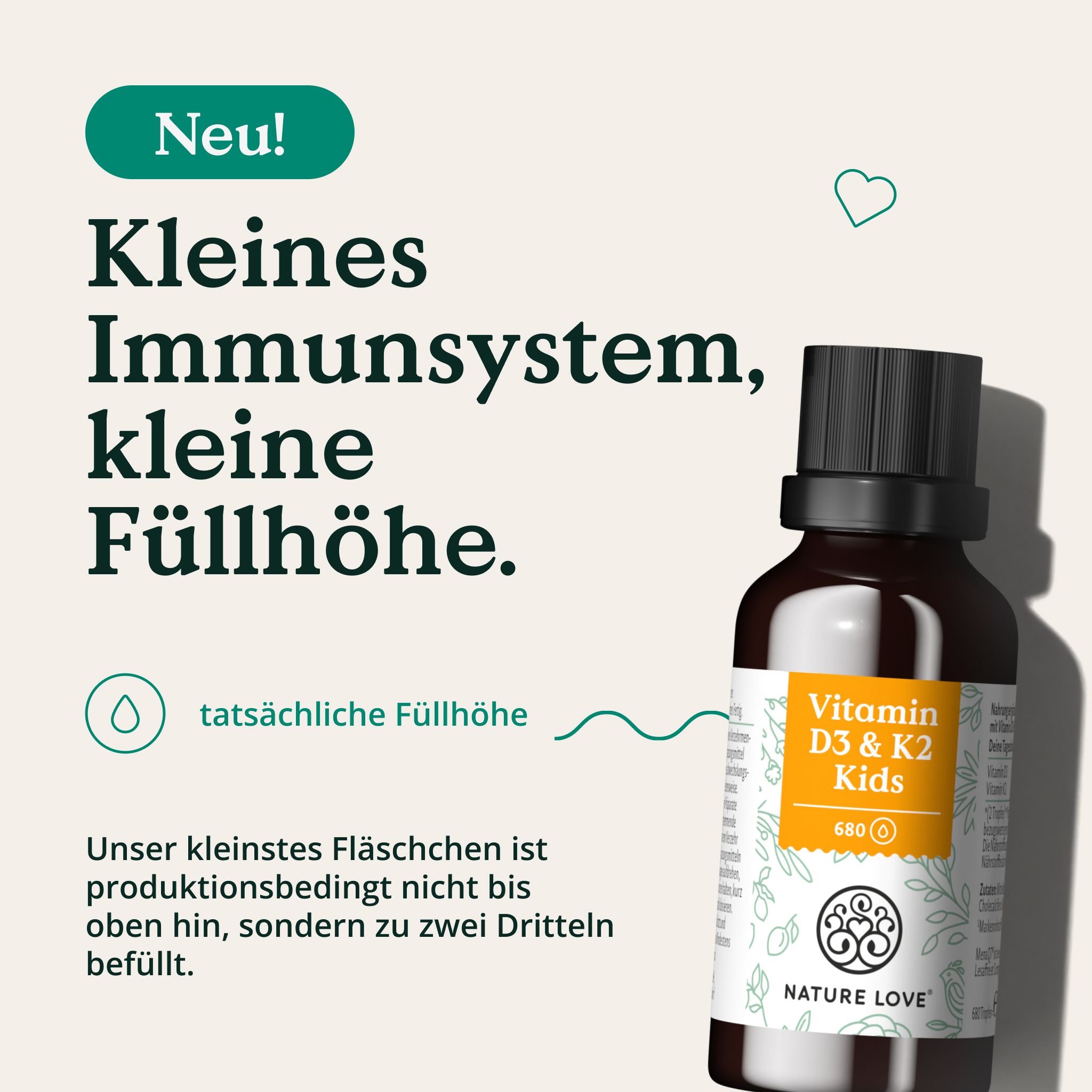 Braune Glasflasche Vitamin D3 & K2 Kids. Schwarzer Deckel. NATURE LOVE® Logo. Etikett mit Produktinformationen.