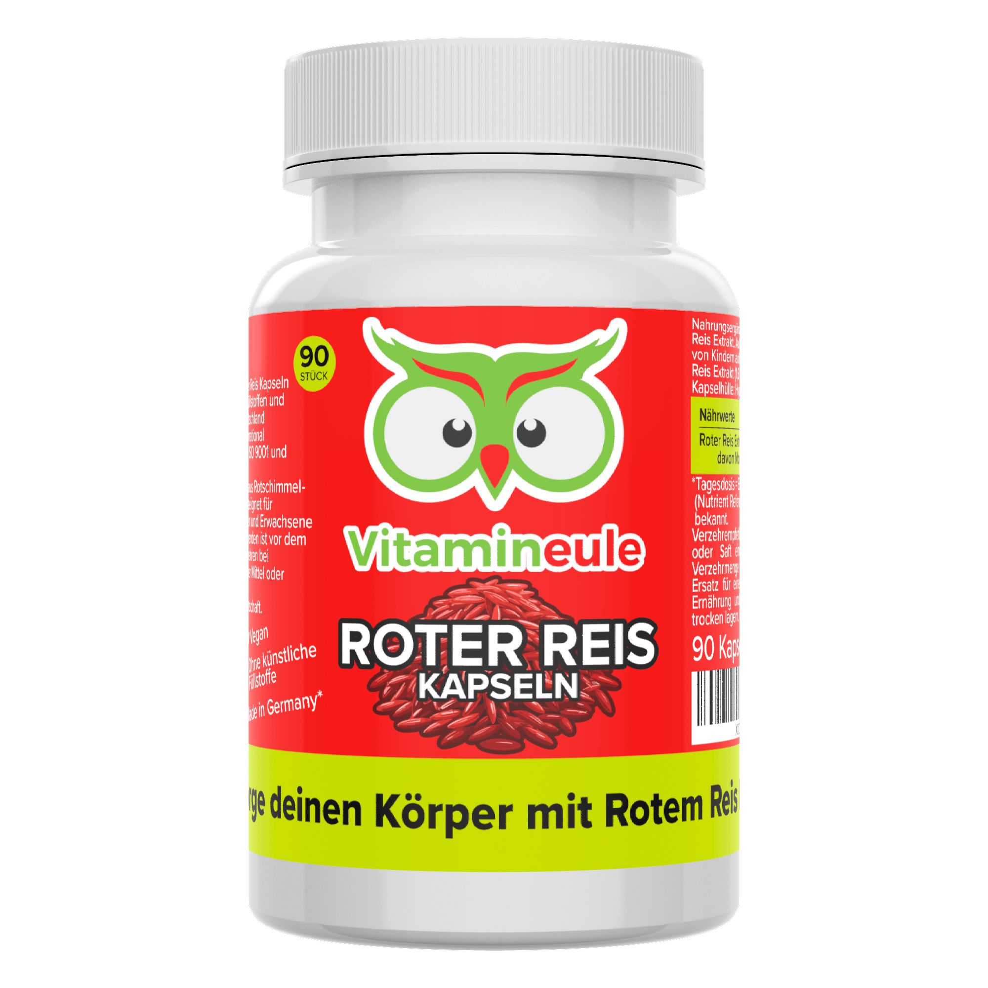 Roter Reis Kapseln in einer weißen Flasche mit rotem Etikett. Auf dem Etikett: Vitamineule, Roter Reis Kapseln, 90 Stück.