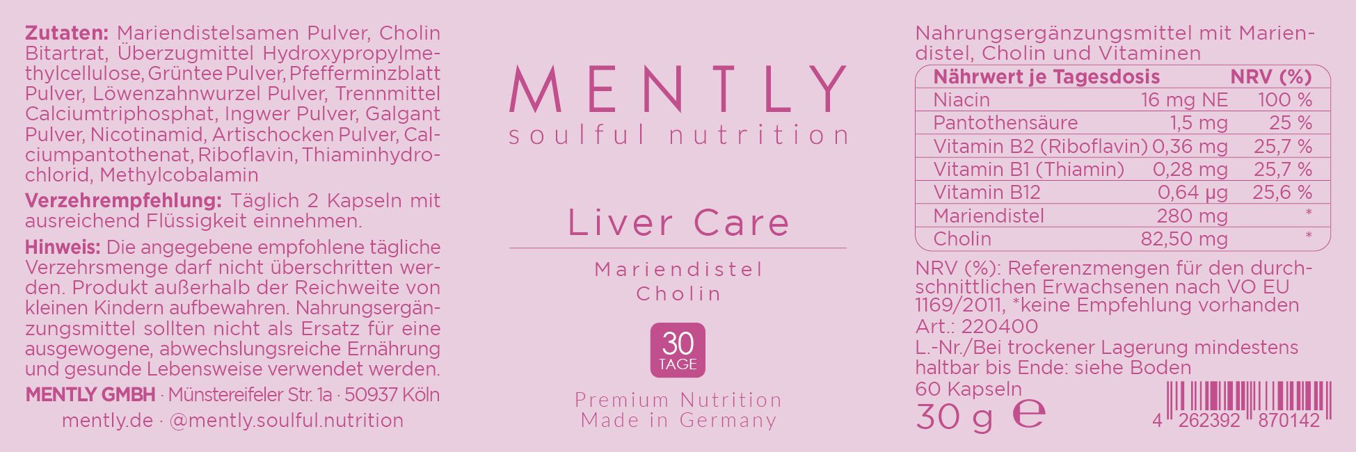 Rosa Etikett mit Produktinformationen. Zutaten, Nährwertangaben, Verzehrempfehlung. MENTLY Liver Care, Mariendistel & Cholin. 30 Kapseln.