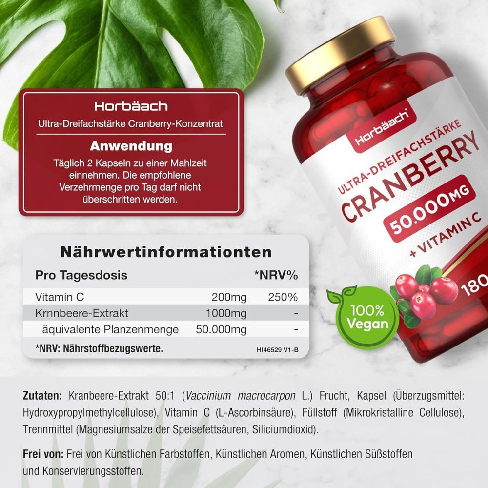 Produktinformationen. Cranberry Concentrate 50.000mg + Vitamin C. 180 Kapseln. Vegan. Inhaltsstoffe.