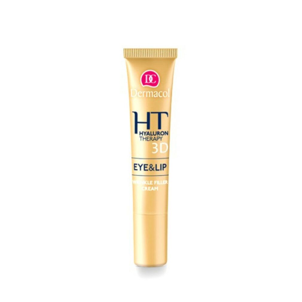 Creme-Tube. Dermacol HT Hyaluron Therapy 3D Eye & Lip Wrinkle Filler Cream. Goldfarbenes Tube mit Schriftzug.