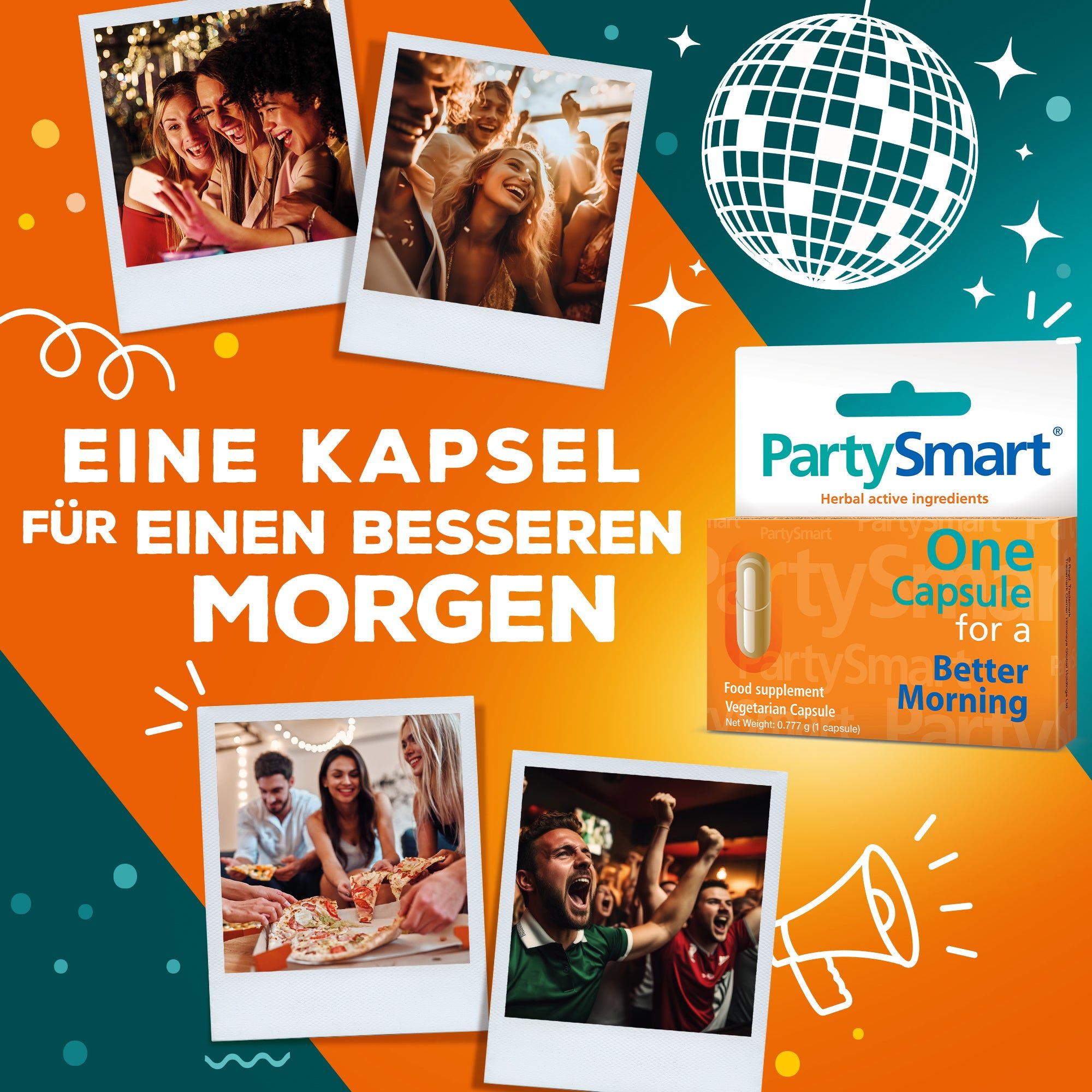PartySmart Kapselverpackung mit einer vegetarischen Kapsel. Text: 'Eine Kapsel für einen besseren Morgen'.