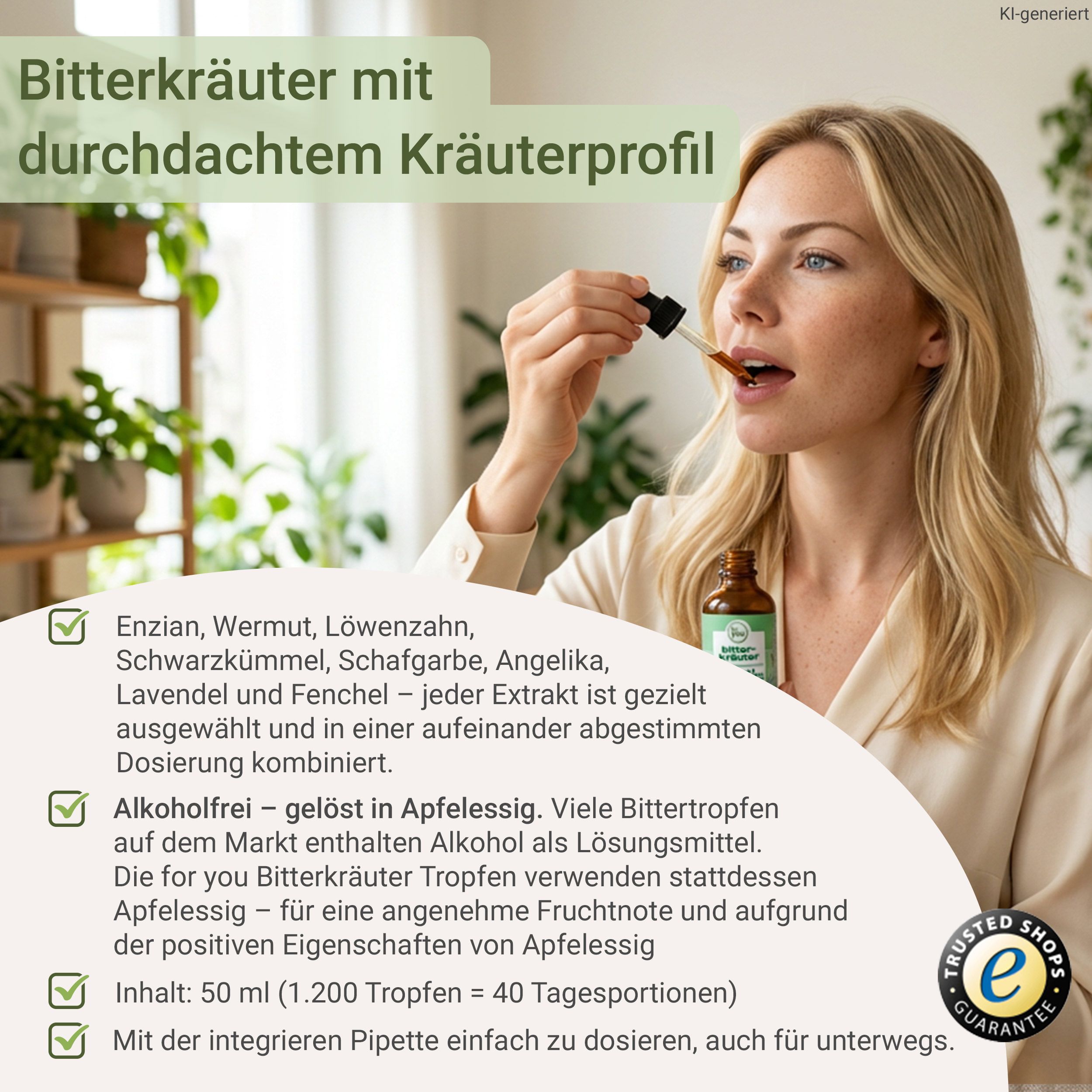 Frau nimmt Bitterkräuter-Tropfen mit Pipette ein. Flasche und Produktinformationen sichtbar.