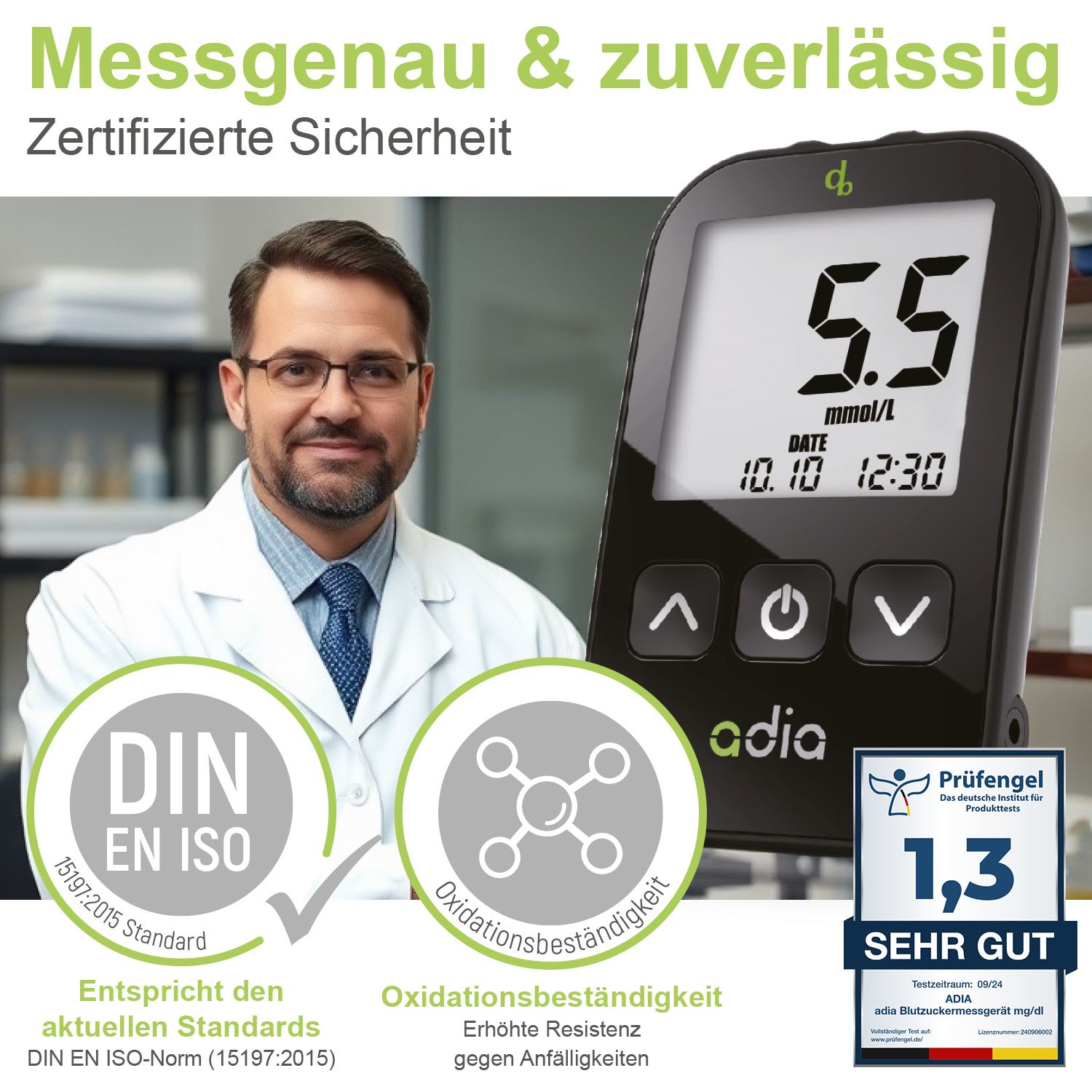 adia Diabetes-Set: Blutzuckermessgerät (mmol/L) mit 110 Blutzuckerteststreifen