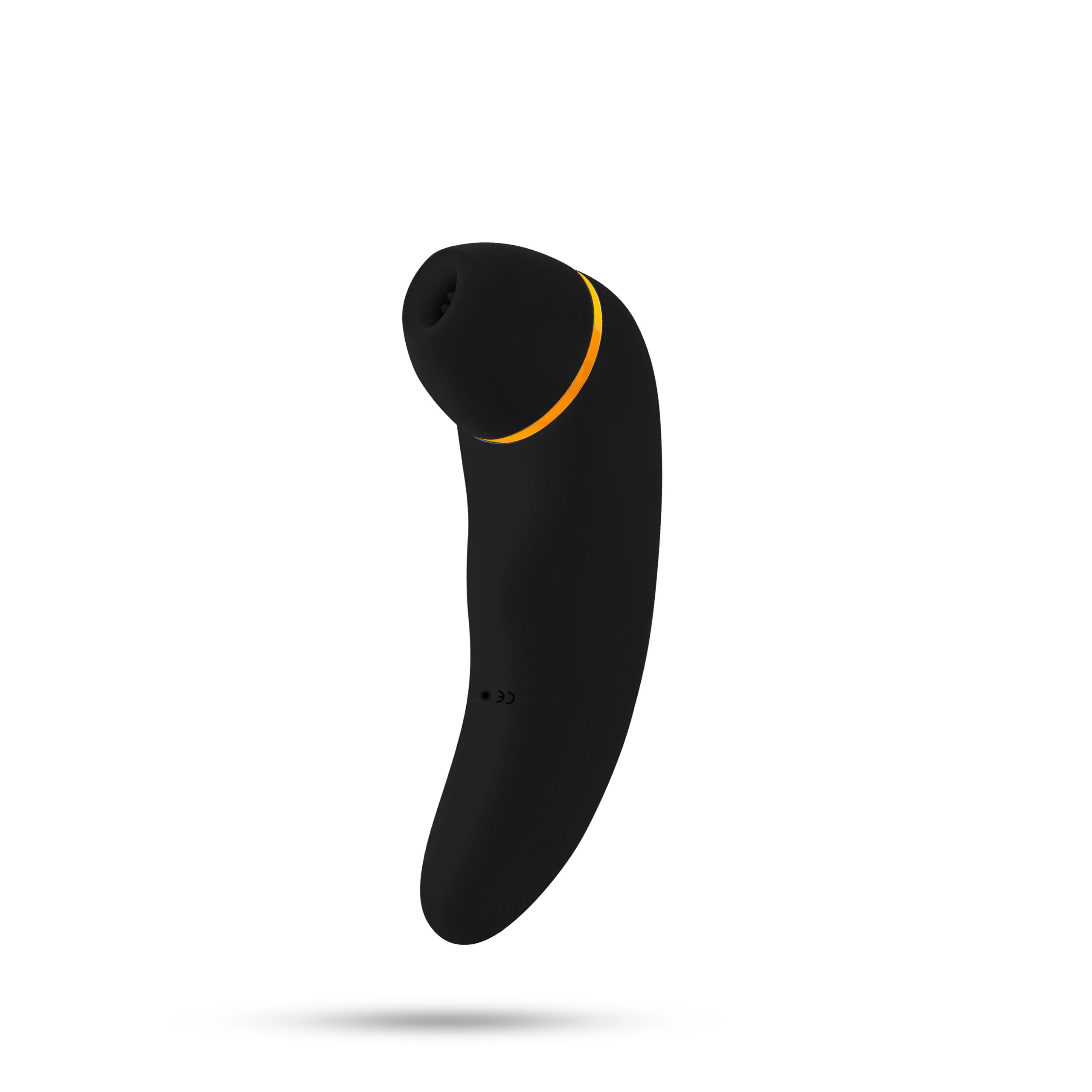 Schwarzes, ergonomisch geformtes Gerät mit orangefarbenem Akzent. Ein Ende ist abgerundet. Auf der Oberfläche sind Knöpfe.