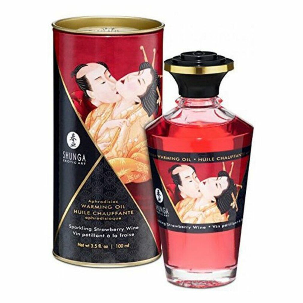 Rote Glasflasche und Dose mit Etiketten. Aufschrift: Shunga, Warming Oil, Erdbeer-Aroma. Abbildung eines küssenden Paares.