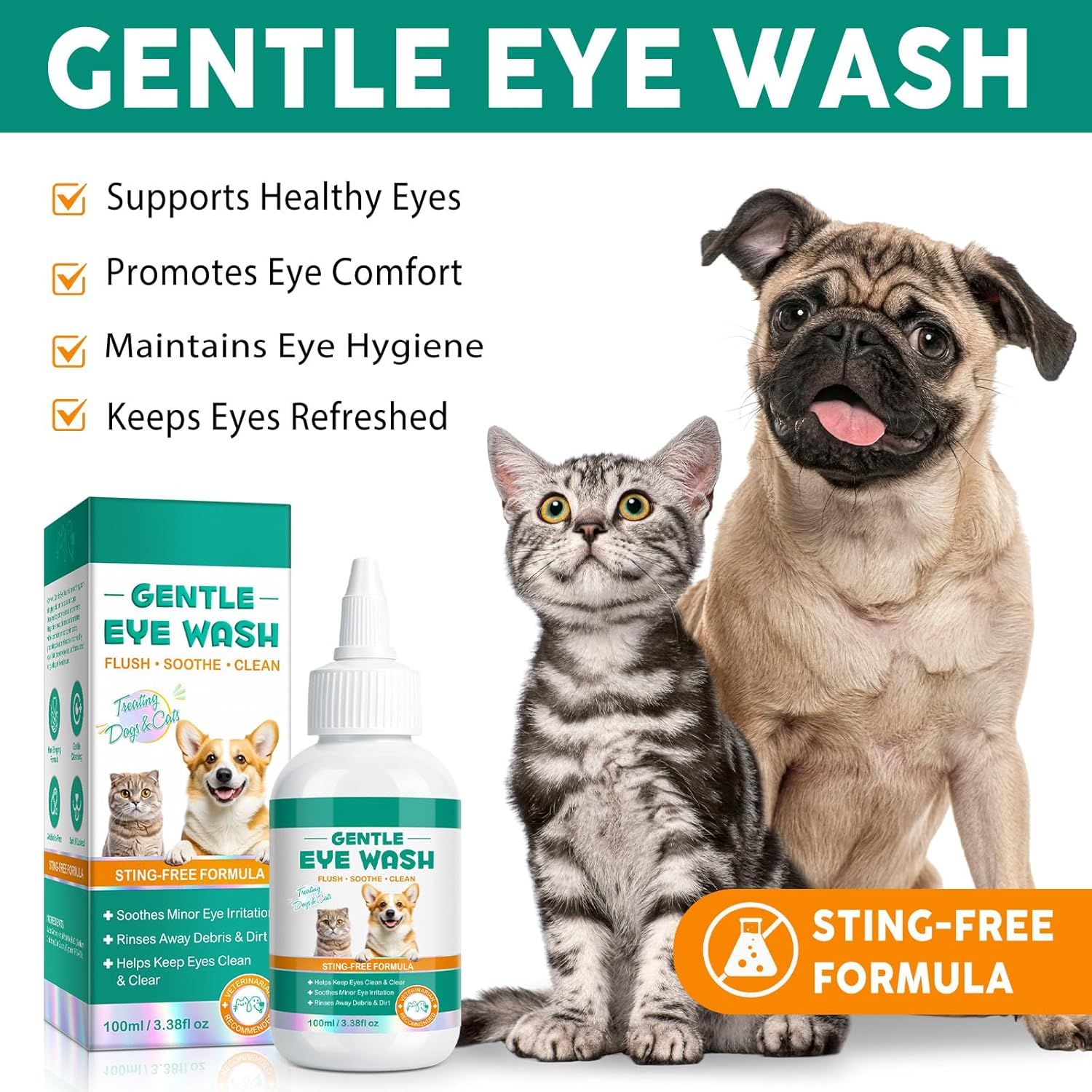 Augenwäsche-Flasche und -Verpackung. Hunde und Katze abgebildet. Text: Gentle Eye Wash. Unterstützt gesunde Augen.