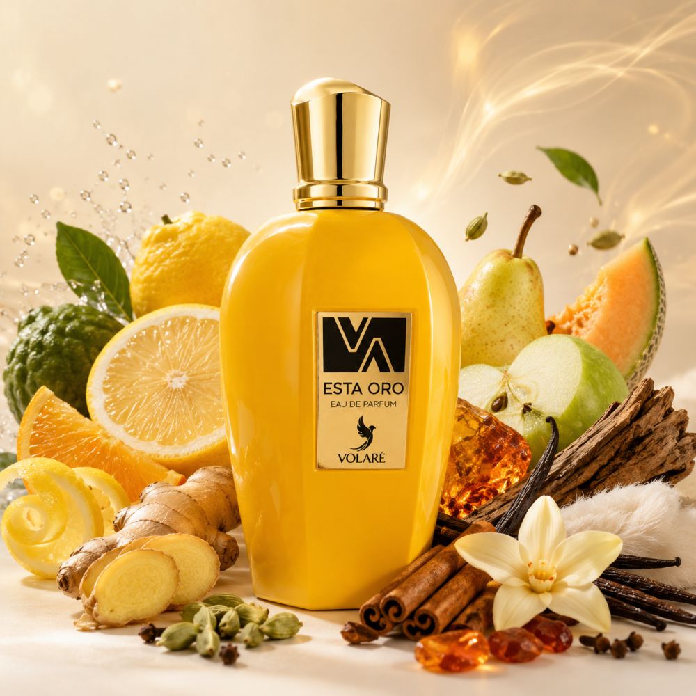 Gelbe Eau de Parfum Flasche 'Esta Oro' von Volaré, umgeben von Früchten und Gewürzen.