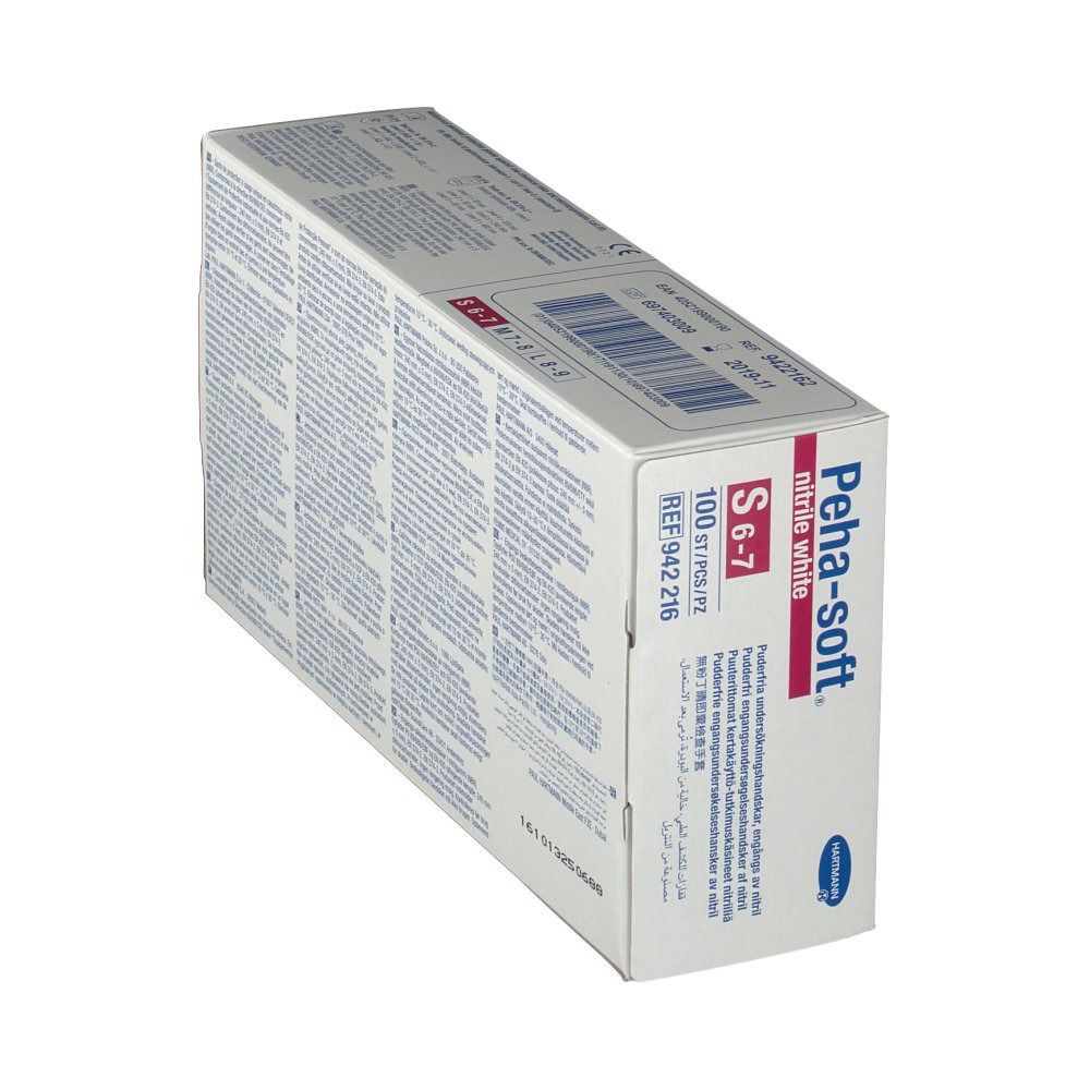 Weiße Box mit Peha-soft Nitril-Handschuhen. Größe S 6-7. 100 Stück. Latex- und puderfrei. Medizinprodukt.