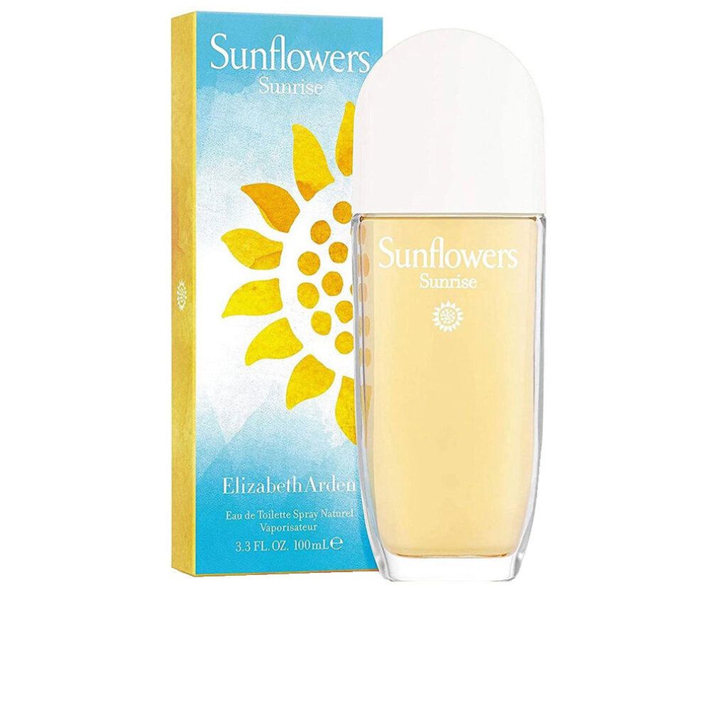 Flakon und Verpackung von Elizabeth Arden Sunflowers Sunrise. Flakon mit weißem Deckel, gelber Flüssigkeit. Verpackung mit Sonnenblumen-Design.